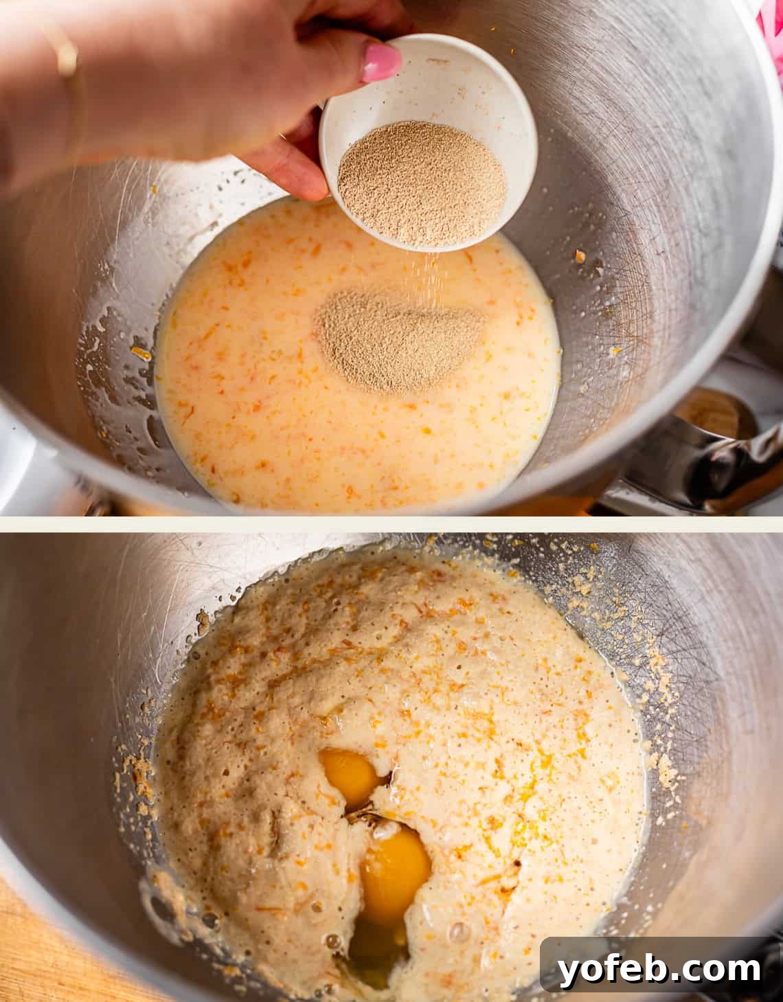 Zesty Orange Sweet Rolls 11 The top image depicts a hand carefully pouring yeast from a small white cup into a metal mixing bowl, where it joins a liquid mixture. The bottom image shows two eggs being cracked directly into the same bowl, now containing a thick, orange-speckled batter, illustrating the progressive steps of the recipe.