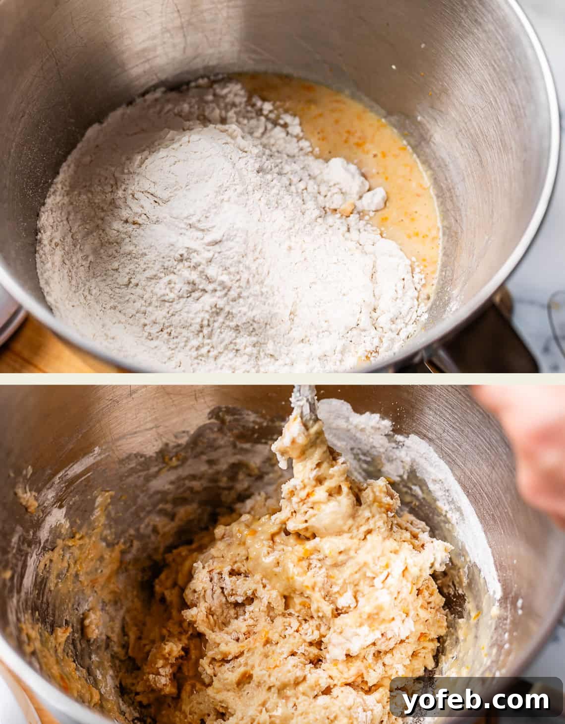 Zesty Orange Sweet Rolls 12 The two-panel image shows the initial stages of dough mixing in a metal bowl: the top frame features a layer of flour resting atop wet ingredients, while the bottom frame illustrates the ingredients partially combined into a thick, somewhat lumpy dough, indicating the start of the kneading process.