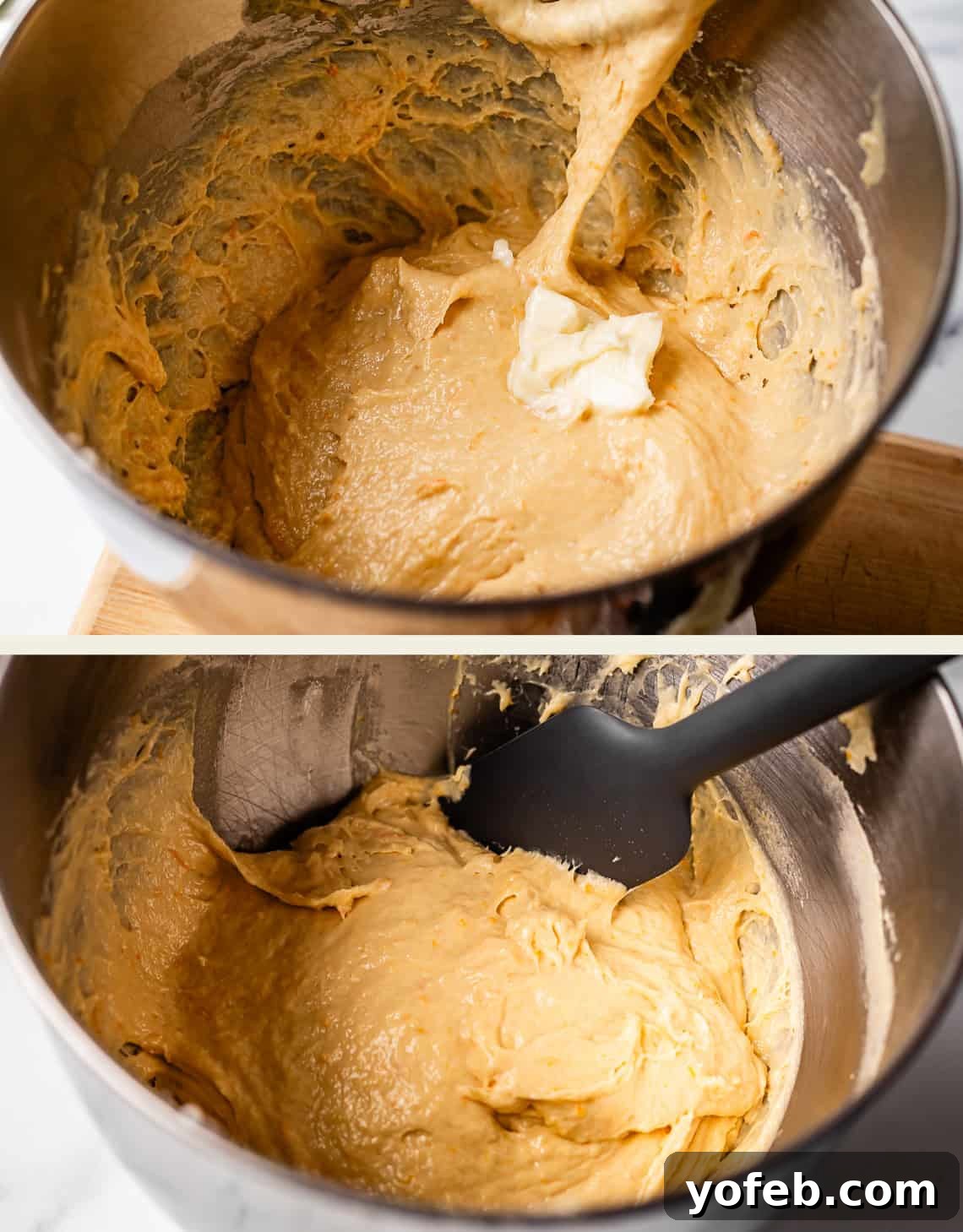 Zesty Orange Sweet Rolls 13 Two sequential photos illustrate the dough mixing process in a metal bowl. The top image shows a piece of softened butter being added to the dough. The bottom image captures a black spatula stirring the now smoother, more cohesive, and well-blended dough, highlighting the progress of the mixture.