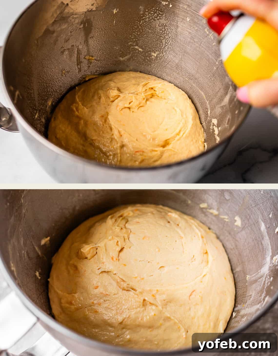 Zesty Orange Sweet Rolls 14 The top image displays a hand gently spraying oil onto dough nestled within a metal mixing bowl. The bottom image reveals the same bowl, now containing risen dough that appears smoother and significantly larger after its proofing period, ready for the next stage of baking.