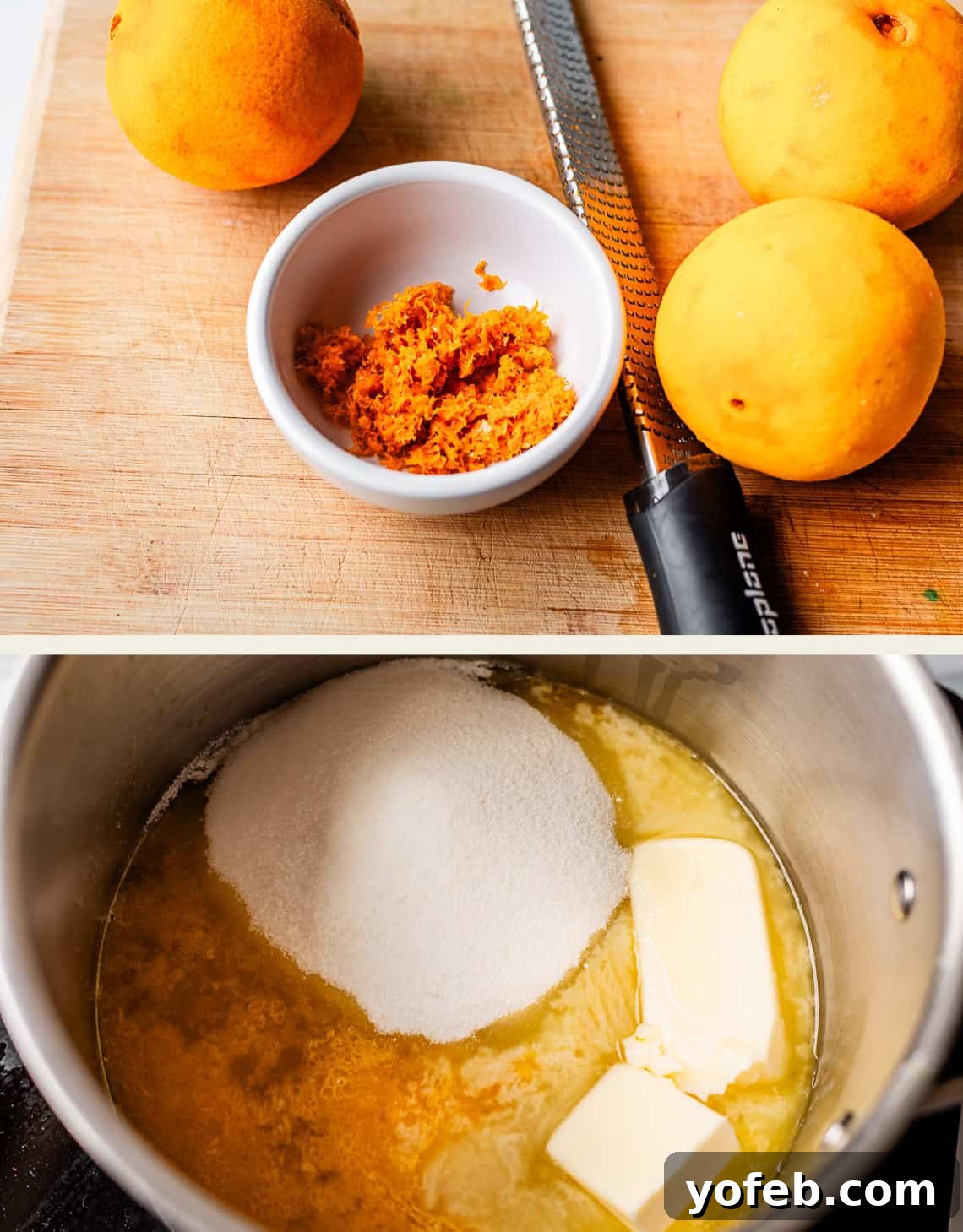 Zesty Orange Sweet Rolls 15 The top panel shows a neatly arranged collection of oranges, finely grated orange zest in a small white bowl, and a zester resting on a rustic wooden board. The bottom panel captures butter, granulated sugar, and orange zest melting together in a saucepan, beginning to form the rich orange filling.