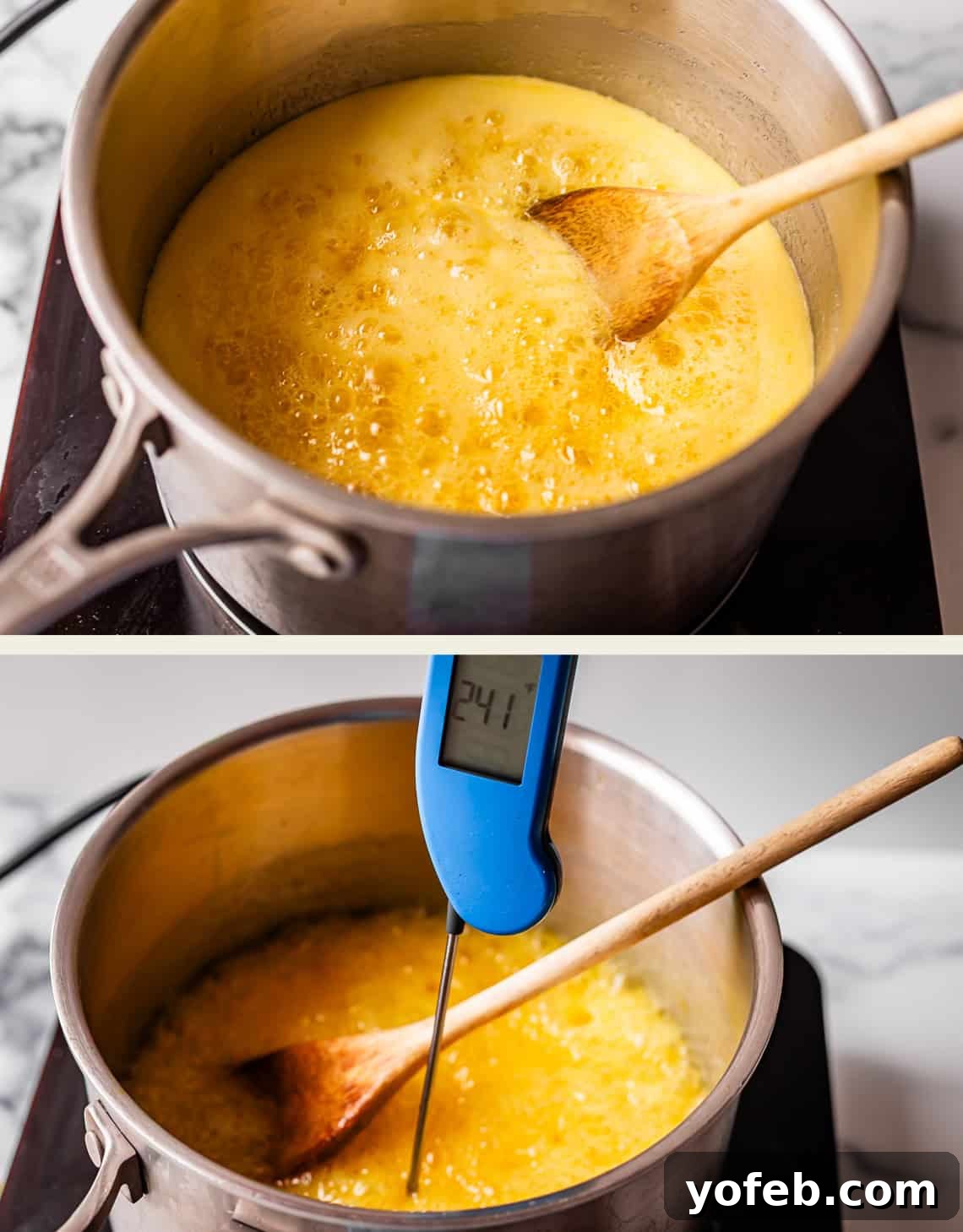 Zesty Orange Sweet Rolls 16 The first image captures a wooden spoon stirring a vibrant yellow liquid in a saucepan on a stovetop, indicating the initial cooking phase. The second image shows the same saucepan with a candy thermometer inserted, clearly displaying a reading of 241°F, signifying that the thickened yellow mixture has reached the desired temperature for the orange filling.