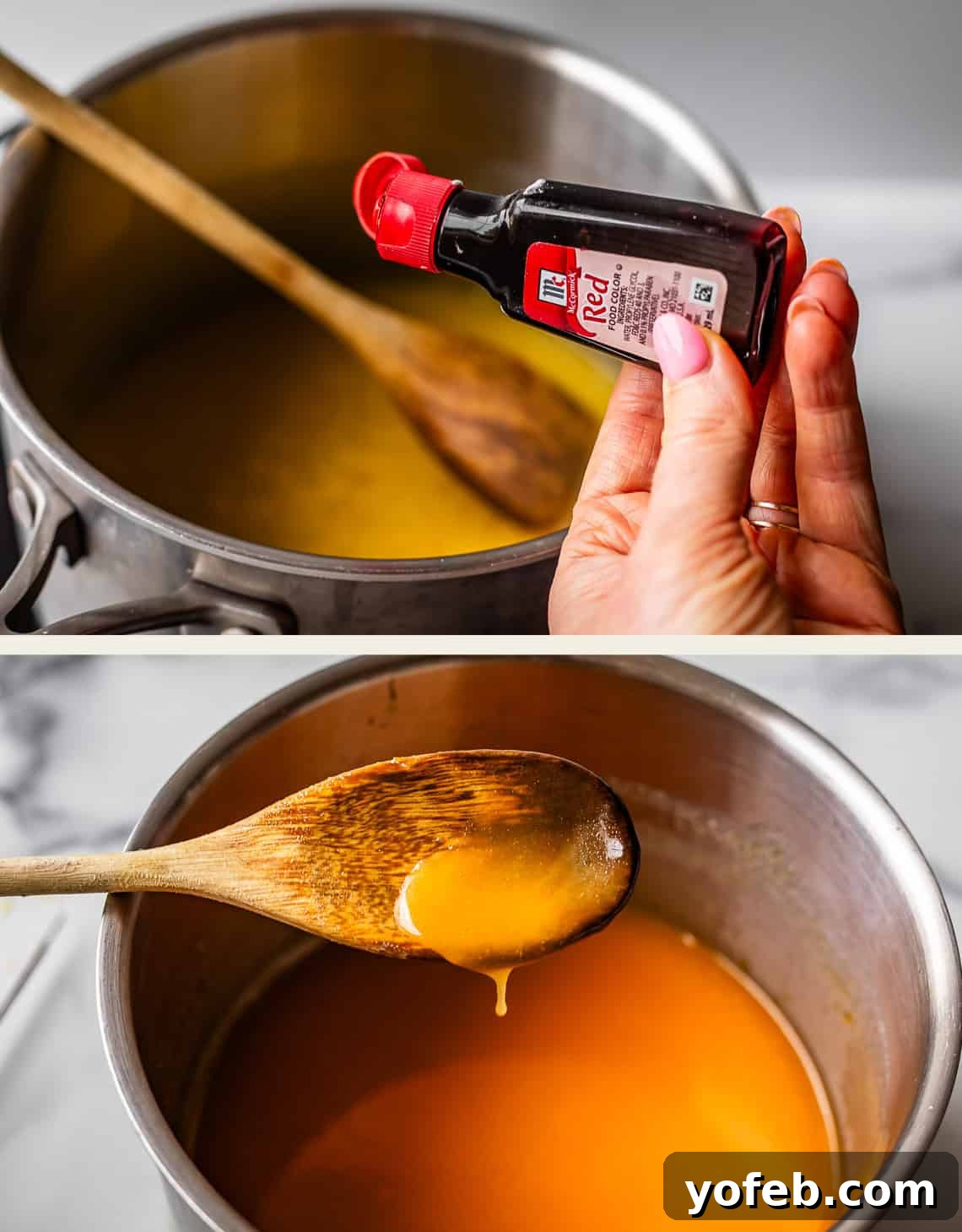 Zesty Orange Sweet Rolls 17 The top panel shows a hand holding a bottle of vivid red food coloring poised over a simmering pot of orange liquid, stirred by a wooden spoon. The bottom panel offers a close-up of the wooden spoon lifting some of the beautifully colored orange liquid from the pot, demonstrating the hue enhancement.