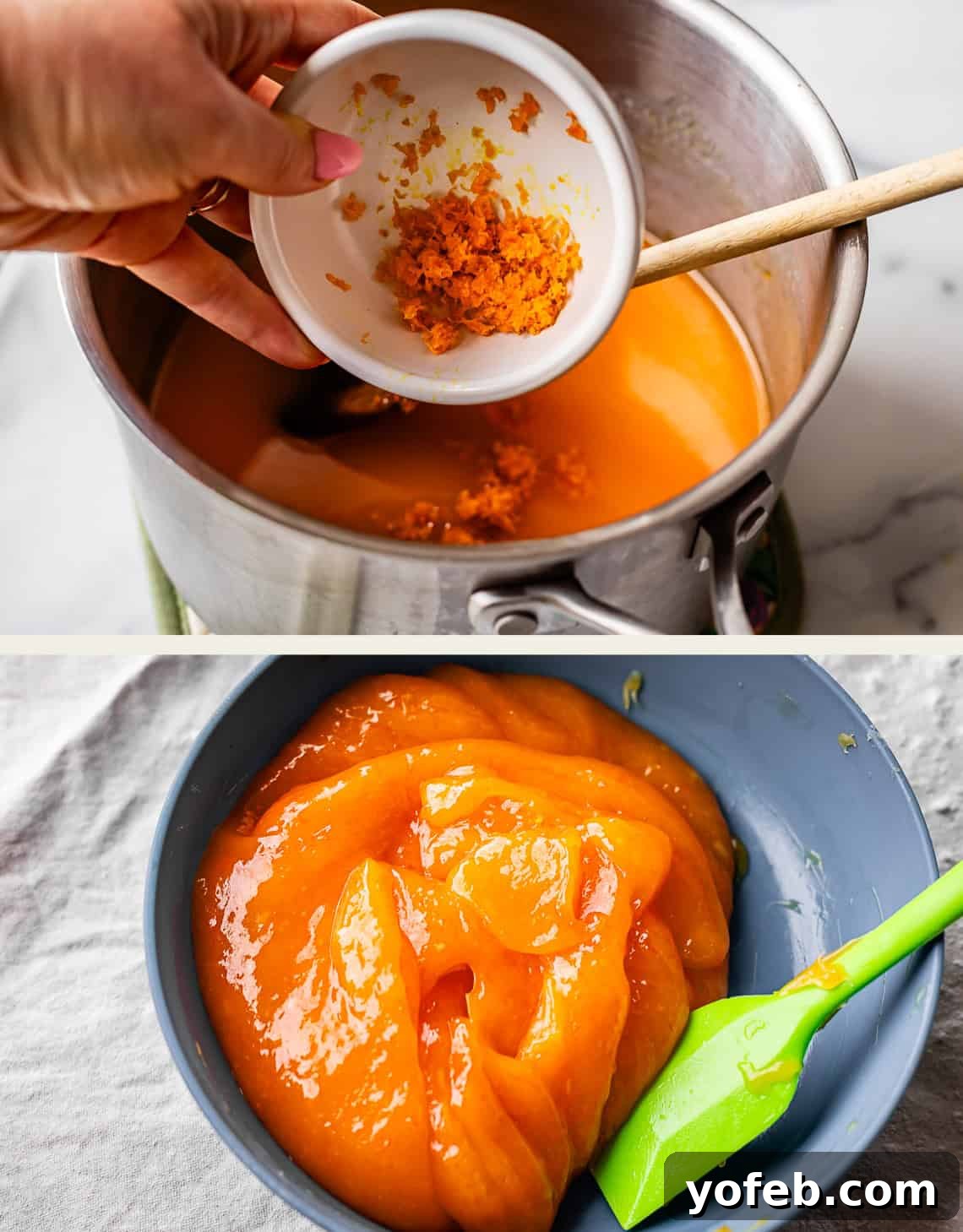 Zesty Orange Sweet Rolls 18 The top image depicts a hand adding freshly grated orange zest to a warm saucepan containing a vibrant orange mixture, enhancing its aroma and flavor. Below, a smooth, glossy orange paste is showcased in a bowl with a green spatula, illustrating the rich and appealing texture of the finished filling after cooling.