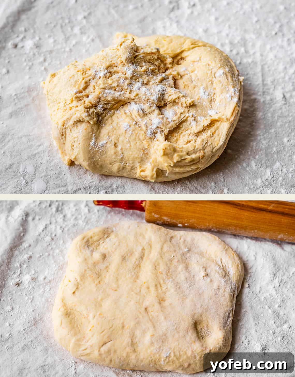 Zesty Orange Sweet Rolls 19 The two-panel image shows the dough preparation process on a floured surface. The top frame presents a rough, unshaped mass of dough, while the bottom frame illustrates the dough smoothed and flattened into a rectangular shape, with a rolling pin visible nearby, signifying readiness for the next stage.
