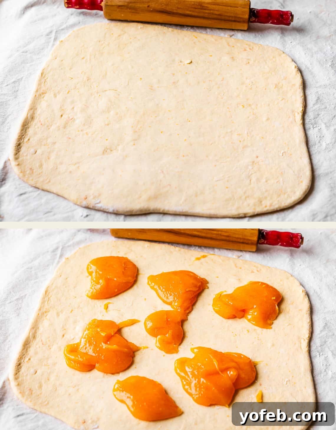 Zesty Orange Sweet Rolls 20 The two-panel image shows the preparation of orange rolls. The top panel features a neatly rolled-out square sheet of dough with a rolling pin resting above it, ready for filling. The bottom panel displays the same dough generously covered with several dollops of vibrant orange fruit filling spread across its surface, indicating the next step in the baking process.