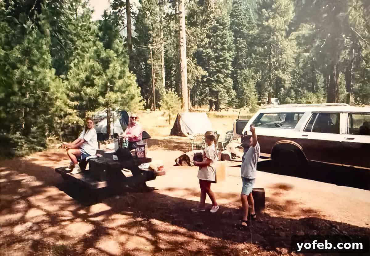 Zesty Orange Sweet Rolls 3 A nostalgic family photo set in a forest campsite, featuring an adult on a picnic table, another standing, and two children walking, holding various items. A classic station wagon and tents are visible amongst towering pine trees in the background, evoking a sense of outdoor adventure and family history.