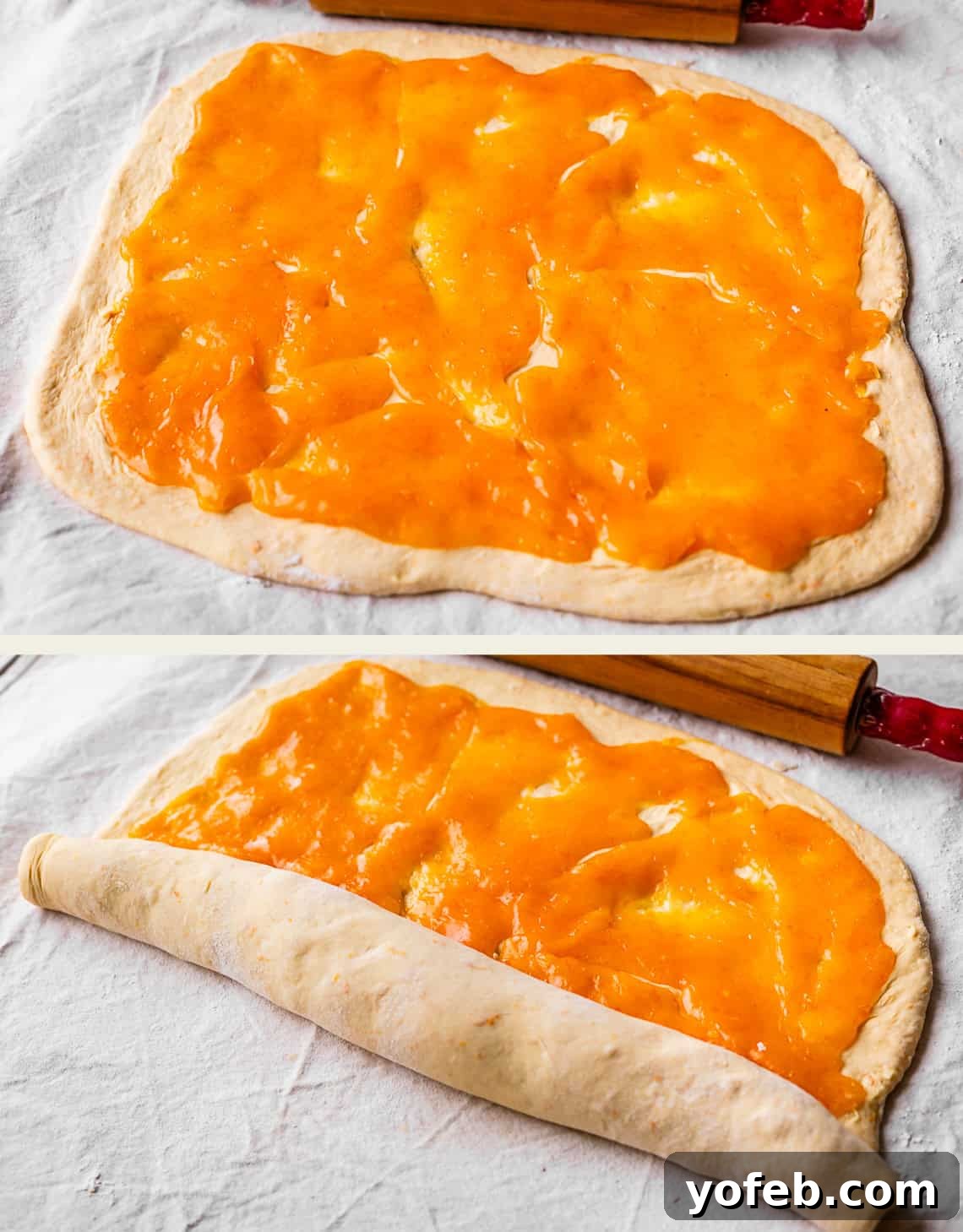 Zesty Orange Sweet Rolls 21 The two-panel image illustrates the process of preparing orange rolls. The top panel shows a rectangular sheet of dough generously spread with vibrant orange jam. The bottom panel captures the dough being carefully rolled up from one edge, forming a log, with a rolling pin visible nearby on a white cloth surface, signifying the ongoing baking preparation.