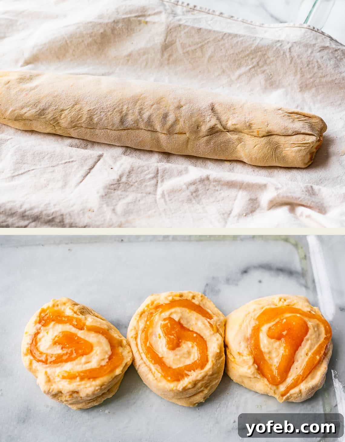 Zesty Orange Sweet Rolls 22 The top image displays a rolled log of dough resting on a cloth, neatly prepared for slicing. The bottom image features three beautifully unbaked pinwheel-shaped pastries, each showcasing a vibrant orange swirl filling, artfully arranged on a pristine marble surface, ready for baking.