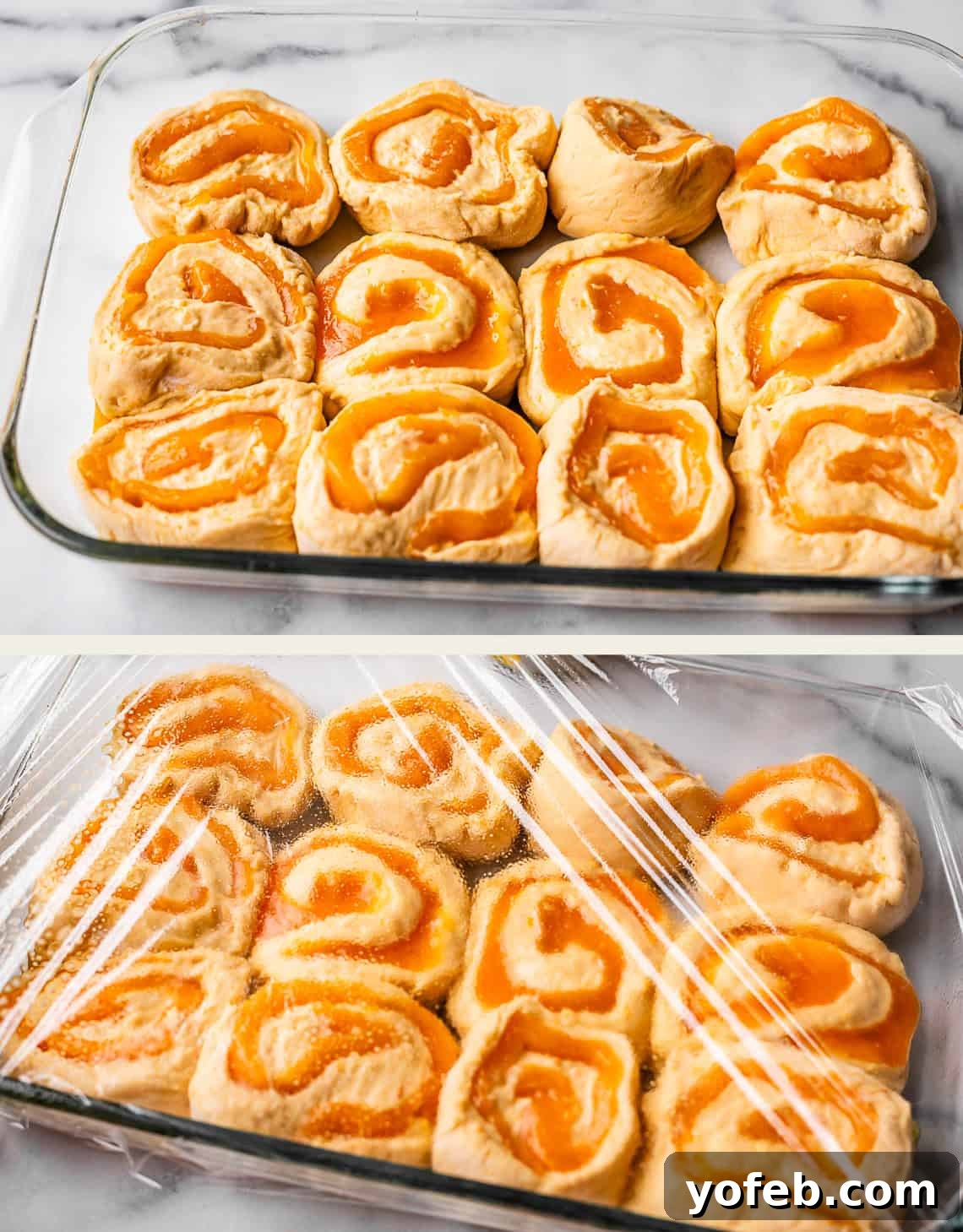 Zesty Orange Sweet Rolls 23 A glass baking dish filled with unbaked orange swirl rolls, showcasing their intricate pattern. The top image presents the rolls uncovered, revealing their delicate dough. The bottom image shows the same dish, now securely covered with plastic wrap, indicating preparation for proofing or baking.