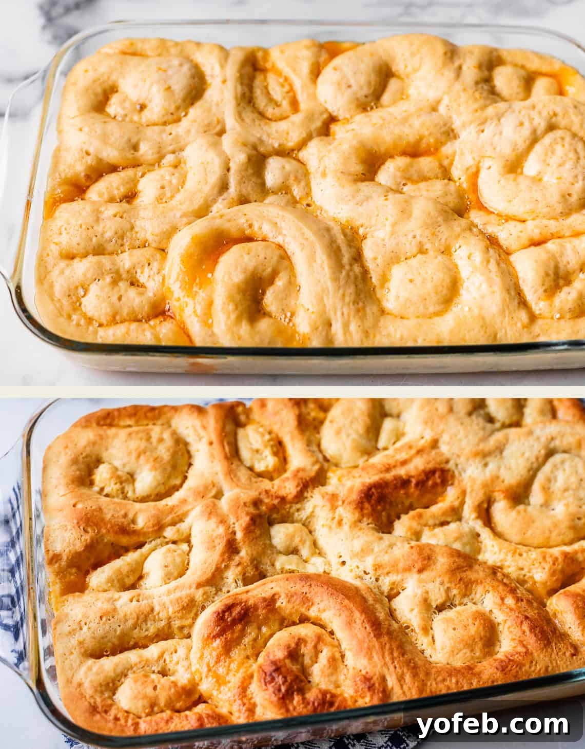 Zesty Orange Sweet Rolls 24 The two-panel image shows the baking process of cinnamon rolls in a glass baking dish. The top image features the rolls unbaked with pale dough, indicating their pre-oven state. The bottom image displays the same rolls after baking, transformed into a golden brown, puffed-up, and appetizing treat.