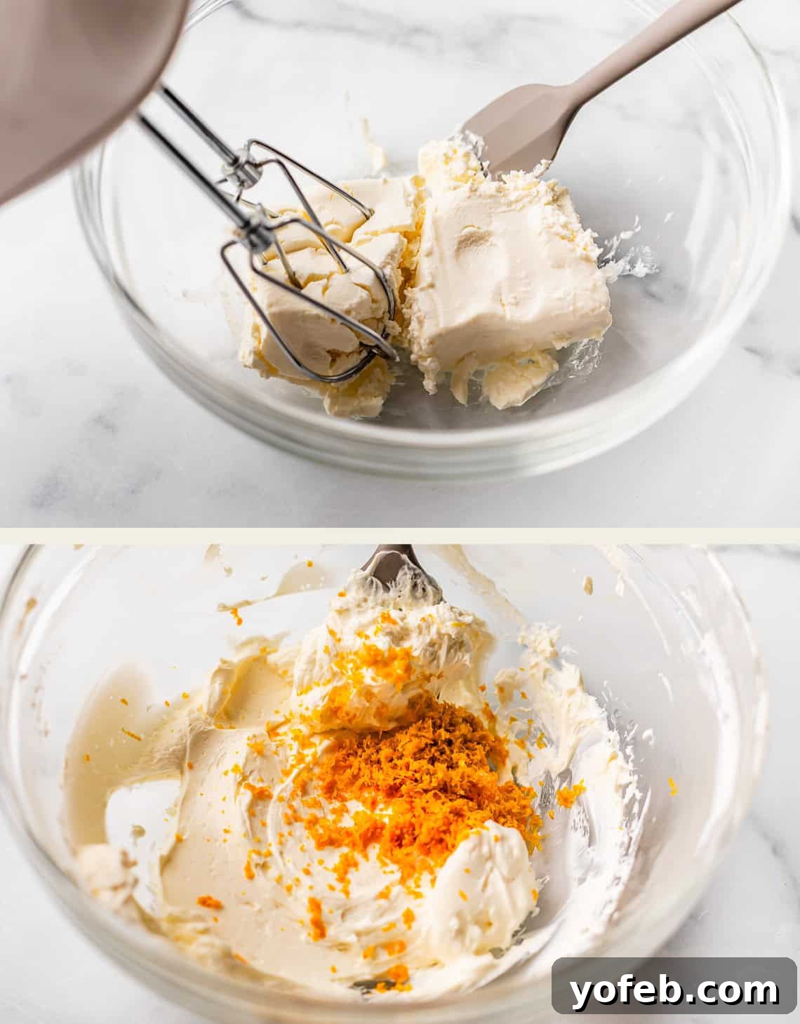 Zesty Orange Sweet Rolls 25 The top image shows a hand mixer and spatula resting in a bowl containing softened cream cheese, ready for blending. The bottom image presents a close-up of the smoothly beaten cream cheese mixture in the same bowl, now adorned with bright orange zest on top, indicating the next step of incorporating citrus flavor into the glaze.