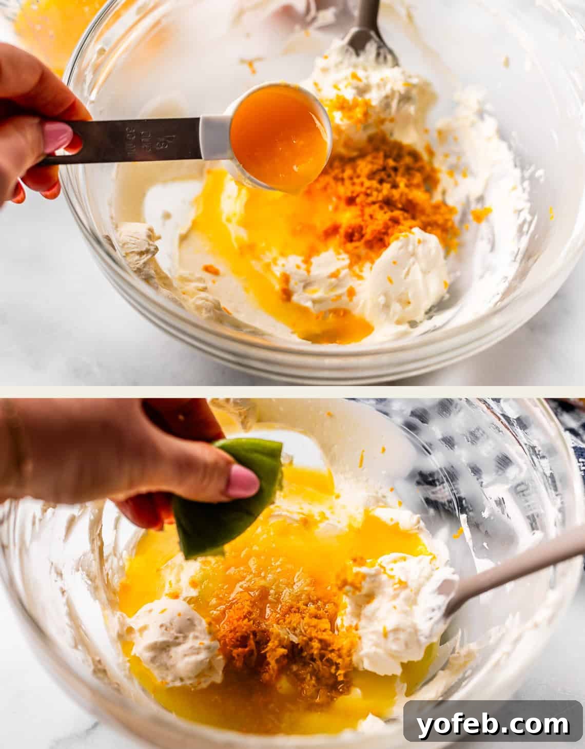 Zesty Orange Sweet Rolls 26 The two-panel image shows the preparation of orange glaze. In the top panel, a hand adds orange juice and zest to a bowl of cream. The bottom panel captures a hand squeezing a fresh lime over the mixture, with a spatula and spoon in the bowl on a light surface, highlighting the addition of tart citrus.