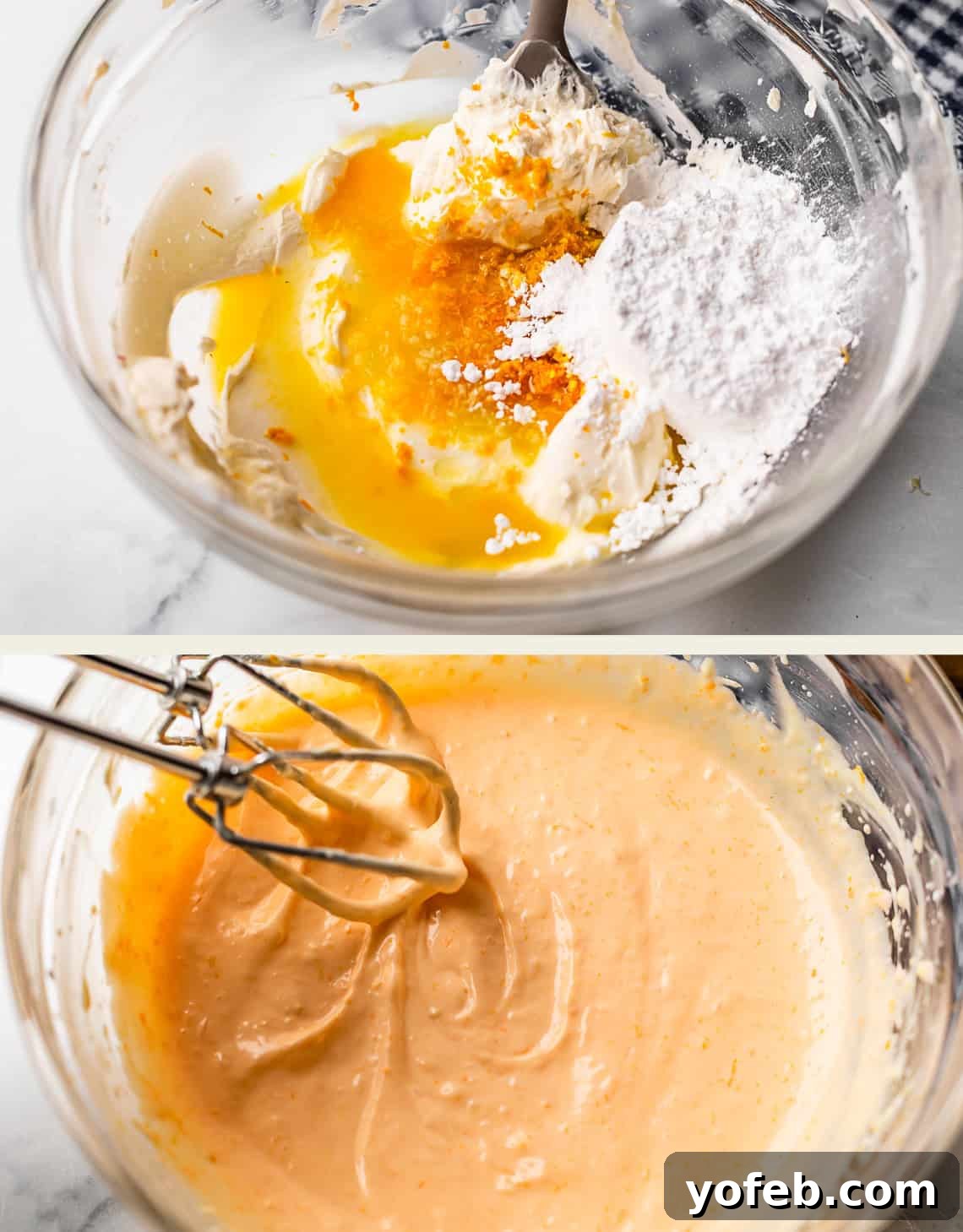 Zesty Orange Sweet Rolls 27 The two-panel image shows the process of making an orange-flavored batter. The top panel features a glass bowl with cream cheese, powdered sugar, egg yolk, and orange zest being mixed with a fork. The bottom panel displays the same bowl, now containing a smooth, beautifully orange-tinted batter, with a hand mixer resting nearby, indicating its readiness.
