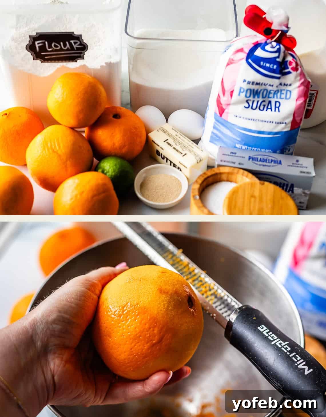 Zesty Orange Sweet Rolls 8 Top image displays an array of essential baking ingredients on a kitchen counter, including fresh oranges, a lime, eggs, butter, cream cheese, granulated sugar, and powdered sugar, suggesting the start of a culinary project. The bottom image shows a hand skillfully zesting an orange directly over a metal mixing bowl using a microplane grater, emphasizing the fresh citrus preparation.