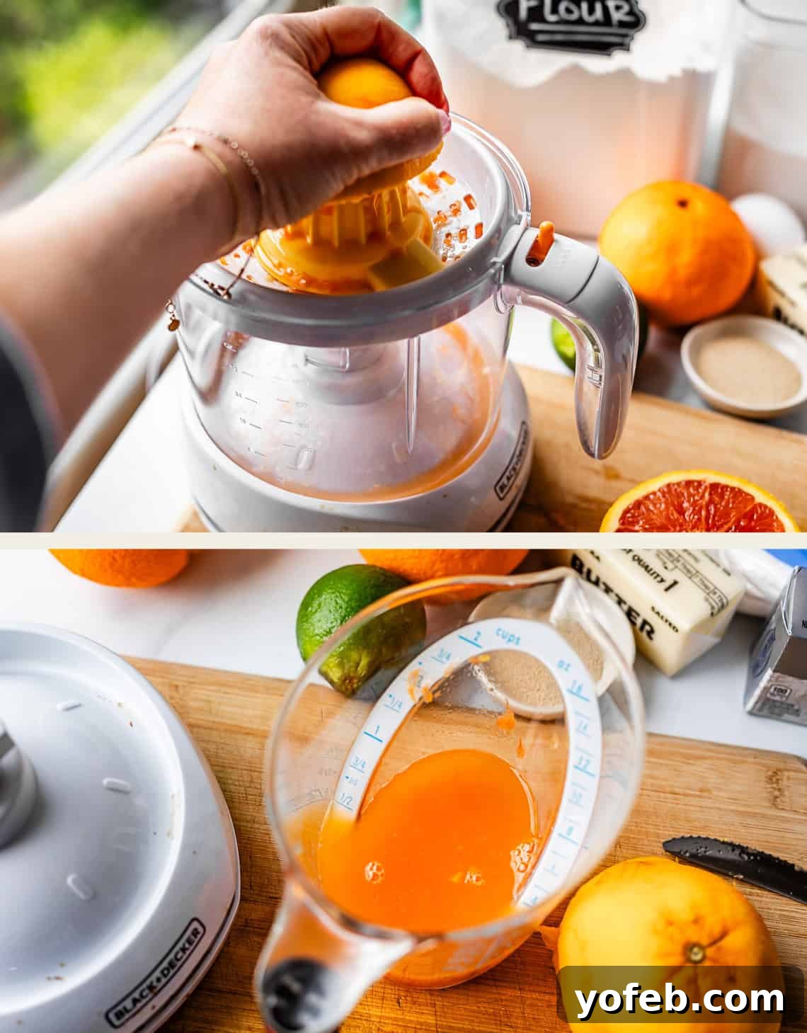 Zesty Orange Sweet Rolls 9 The top panel shows a hand pressing an orange half onto a juicer, extracting fresh citrus juice. The bottom panel displays freshly squeezed orange juice being poured into a clear measuring cup, positioned alongside various fruits and baking ingredients on a kitchen counter, indicating progress in the recipe preparation.