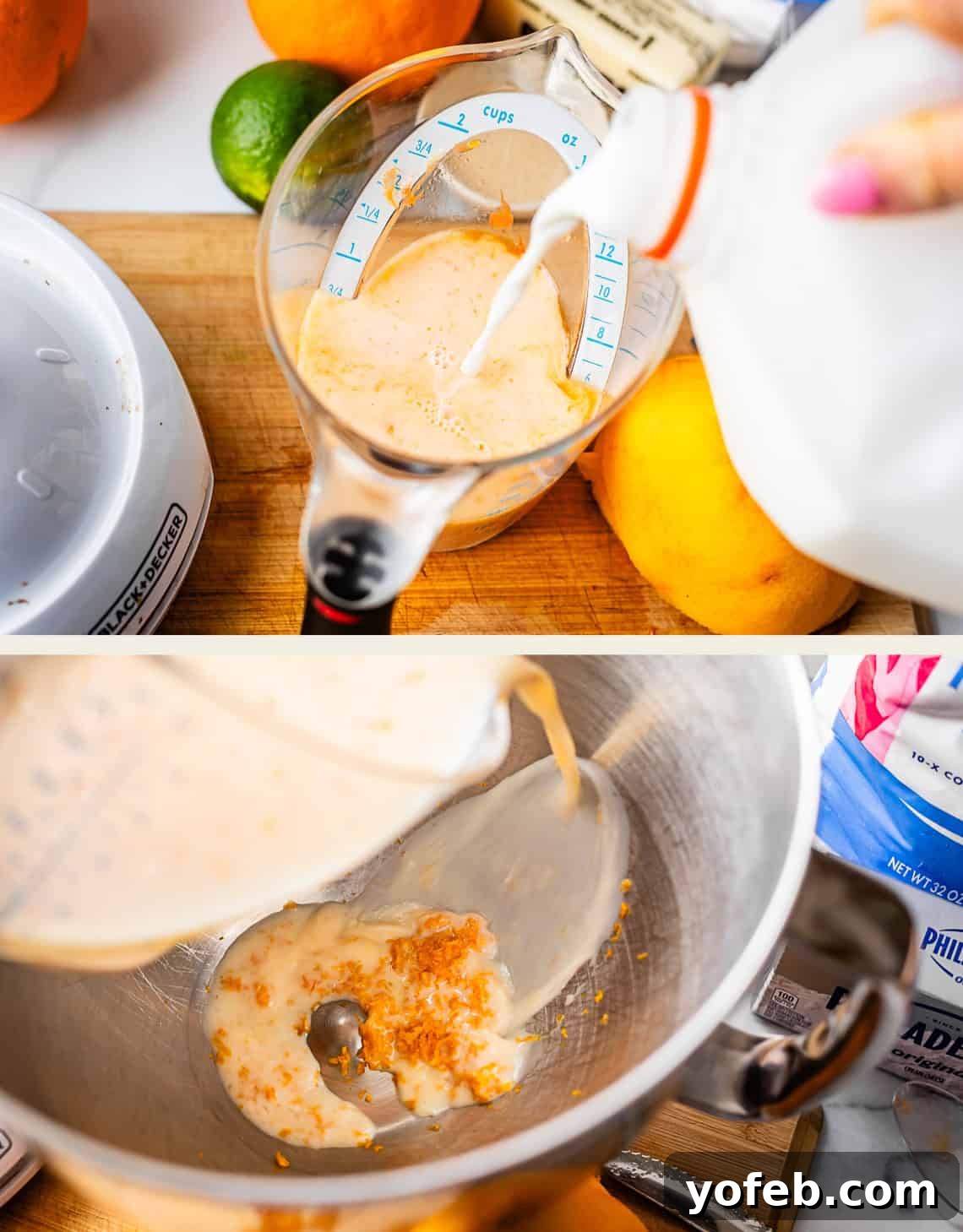 Zesty Orange Sweet Rolls 10 In the top frame, a hand precisely pours milk into a measuring cup on a cutting board, surrounded by vibrant citrus fruits. The bottom frame shows the combined orange juice and milk mixture being poured into a metal mixing bowl, which already contains finely grated orange zest, setting the stage for the dough preparation.