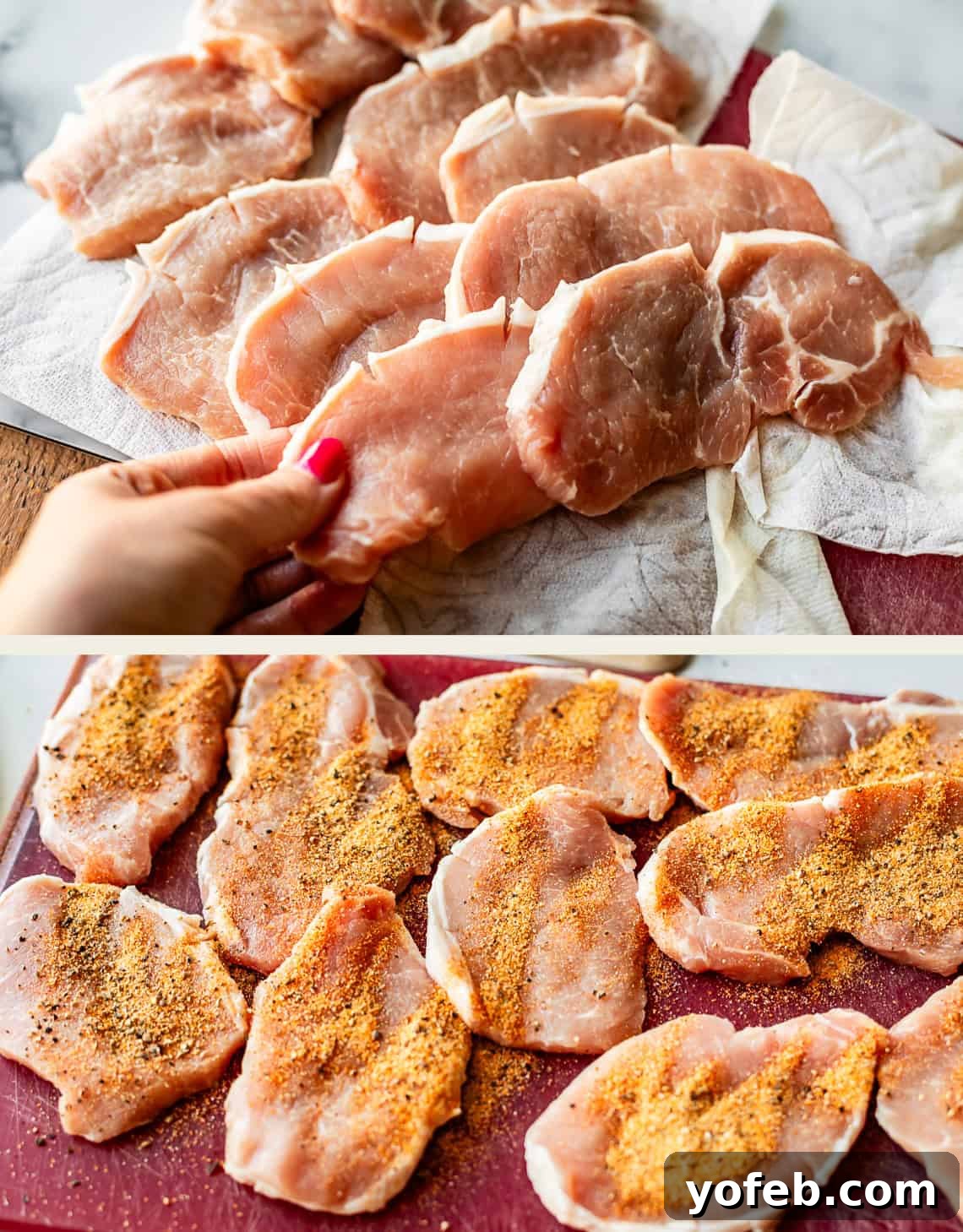 Tender Smothered Pork Chops 11 Two images: Top shows a hand holding a raw pork chop among several on a towel. Bottom shows the pork chops arranged on a cutting board, now sprinkled with a seasoning mix.