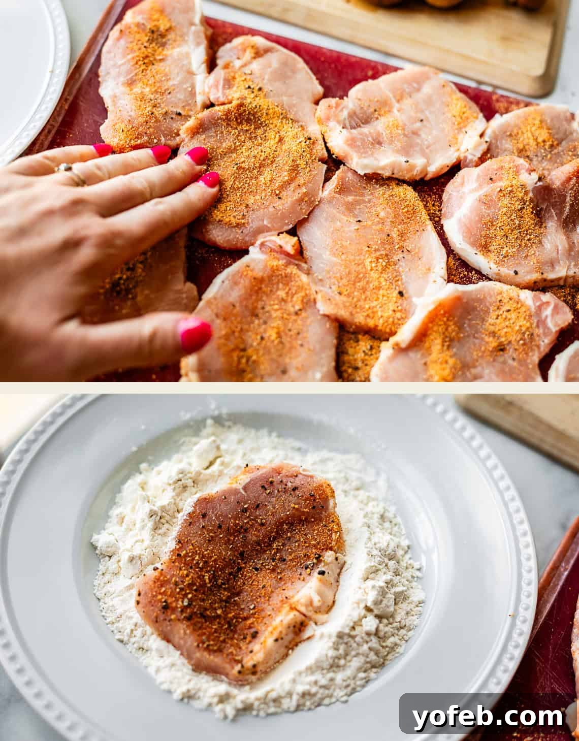Tender Smothered Pork Chops 12 Top: A hand with red nail polish sprinkles seasoning onto raw pork chops. Bottom: A seasoned pork chop is placed on a plate of flour, ready for coating.