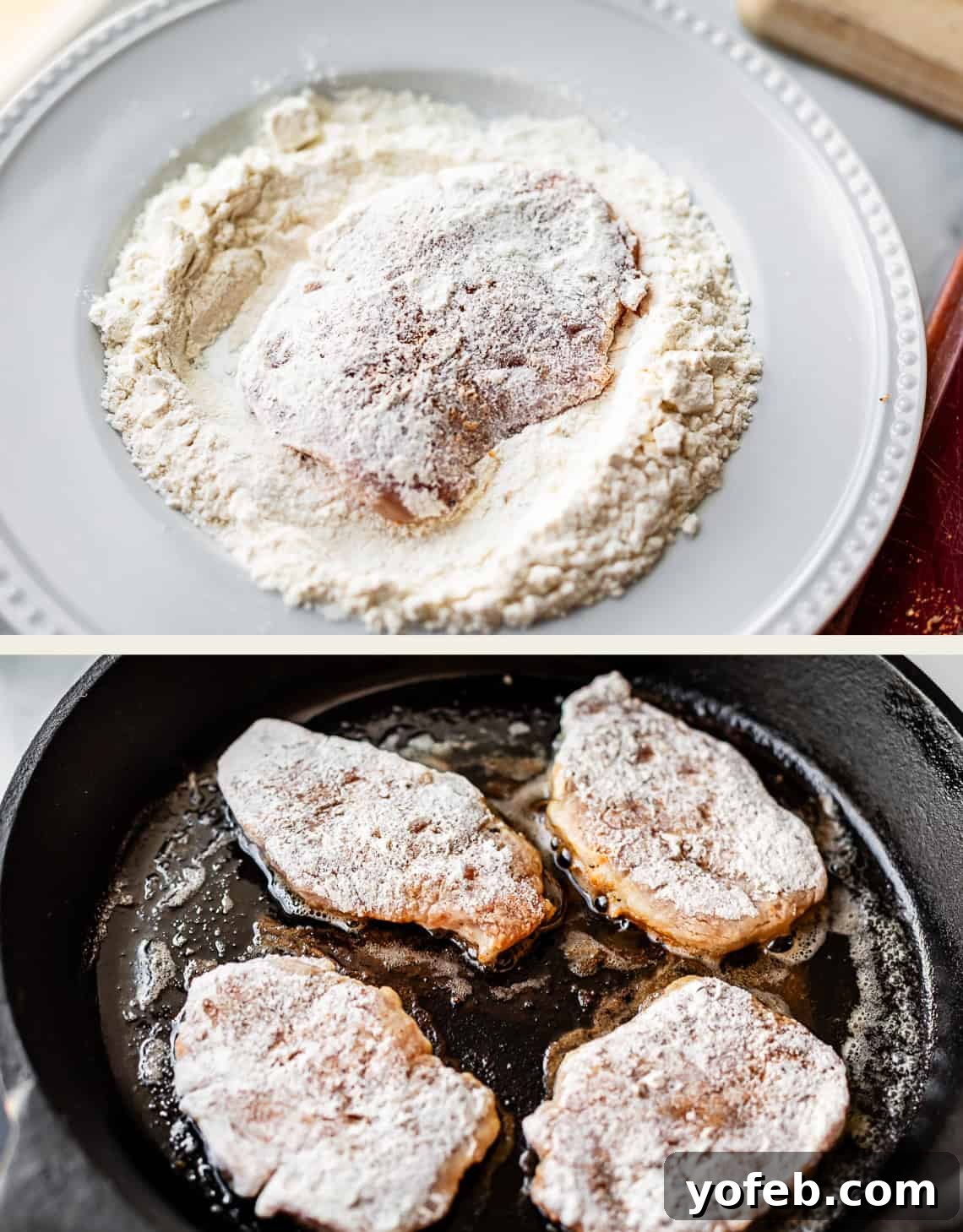 Tender Smothered Pork Chops 13 Top: Raw chicken coated in flour on a white plate. Bottom: Four pieces of flour-coated chicken frying in a black skillet with oil.