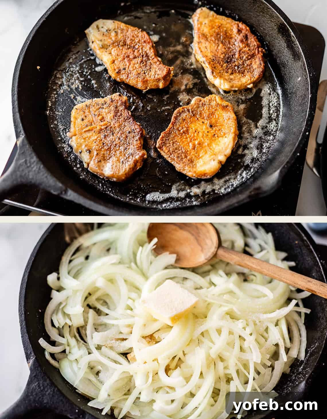 Tender Smothered Pork Chops 14 Top: Four seasoned pork chops searing in a cast iron skillet with bubbling oil. Bottom: Sliced onions in a skillet with a pat of butter and a wooden spoon.