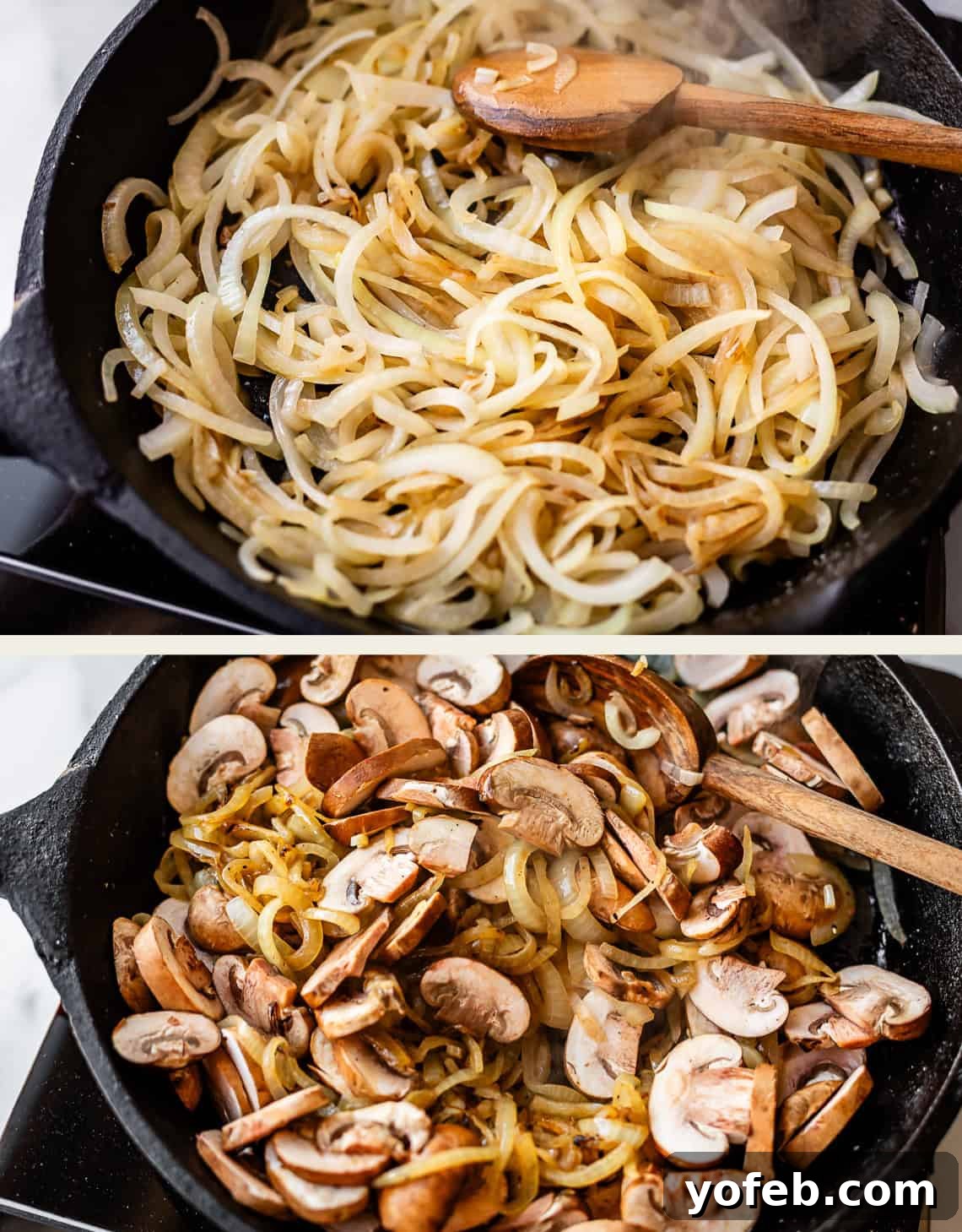 Tender Smothered Pork Chops 15 Top: Sliced onions cooking in a cast iron skillet with a wooden spoon. Bottom: Sliced mushrooms added to the skillet with cooked onions, being stirred with the same wooden spoon.