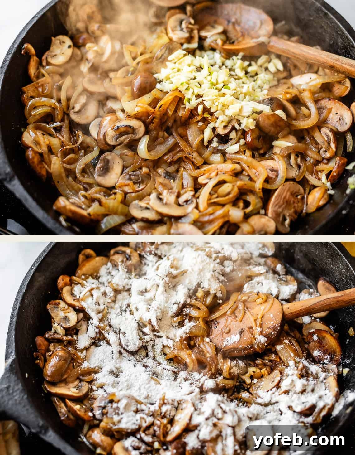 Tender Smothered Pork Chops 16 Two images of a cast iron skillet: the top shows sautéed onions, mushrooms, and minced garlic being stirred with a wooden spoon; the bottom shows the mixture topped with flour, ready to be mixed in.