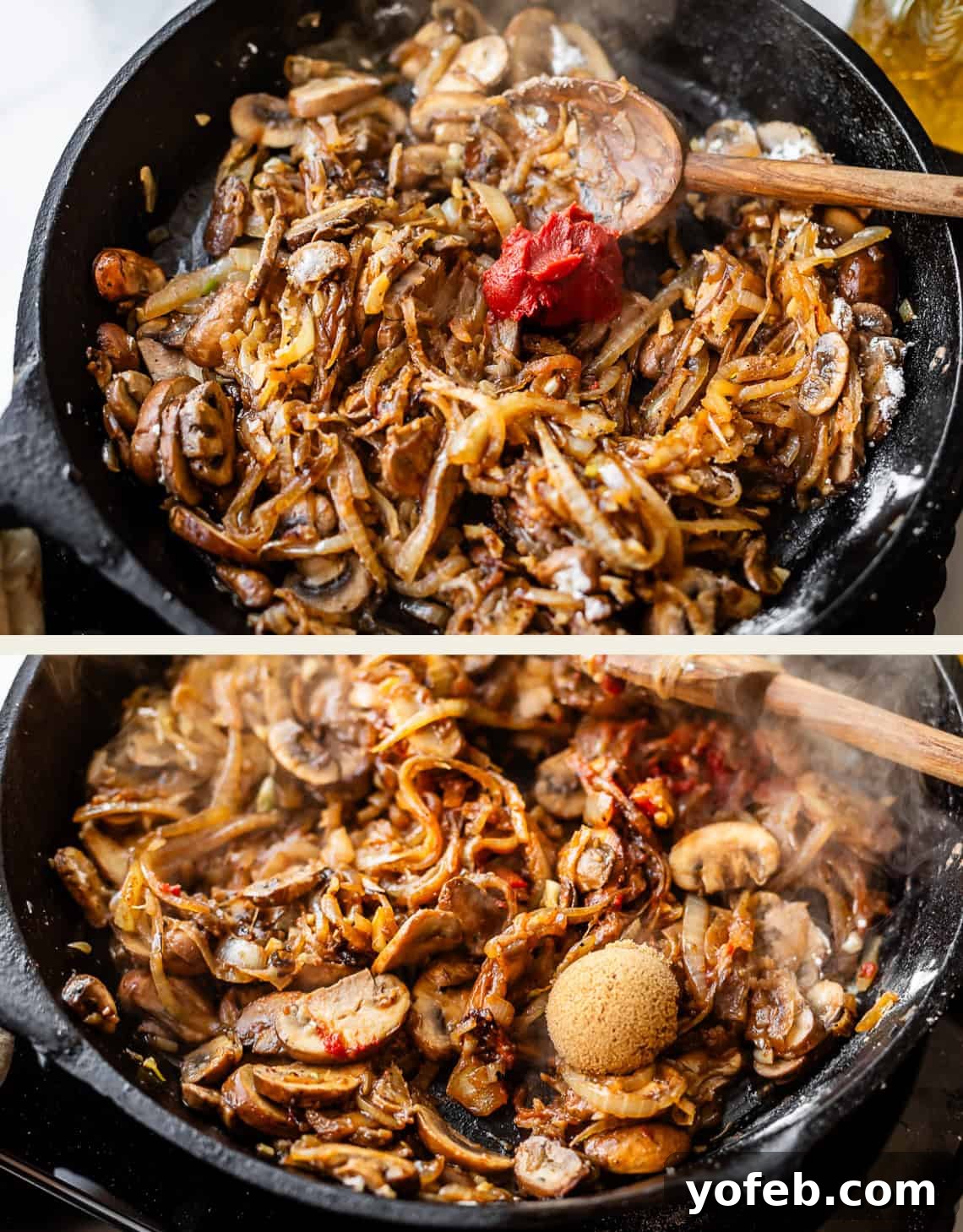 Tender Smothered Pork Chops 17 Two images of a cast iron skillet with cooking onions and mushrooms. The top shows tomato paste being added, while the bottom shows a scoop of brown sugar being added and everything being mixed with a wooden spoon.