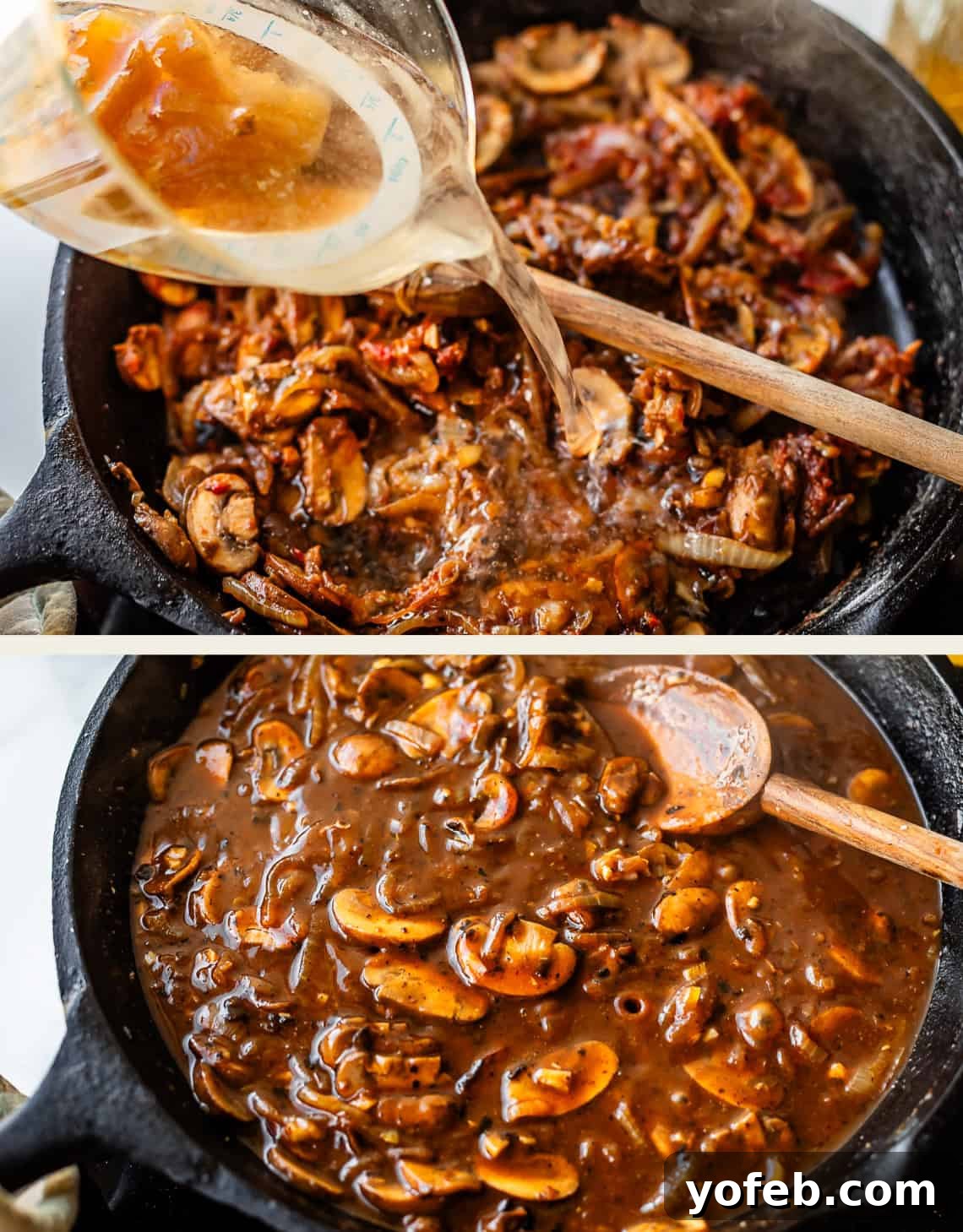 Tender Smothered Pork Chops 18 Two images: Top shows broth being poured into a skillet with sautéed mushrooms and onions, stirred with a wooden spoon. Bottom shows the same skillet with the mixture now cooked into a thick, rich sauce.