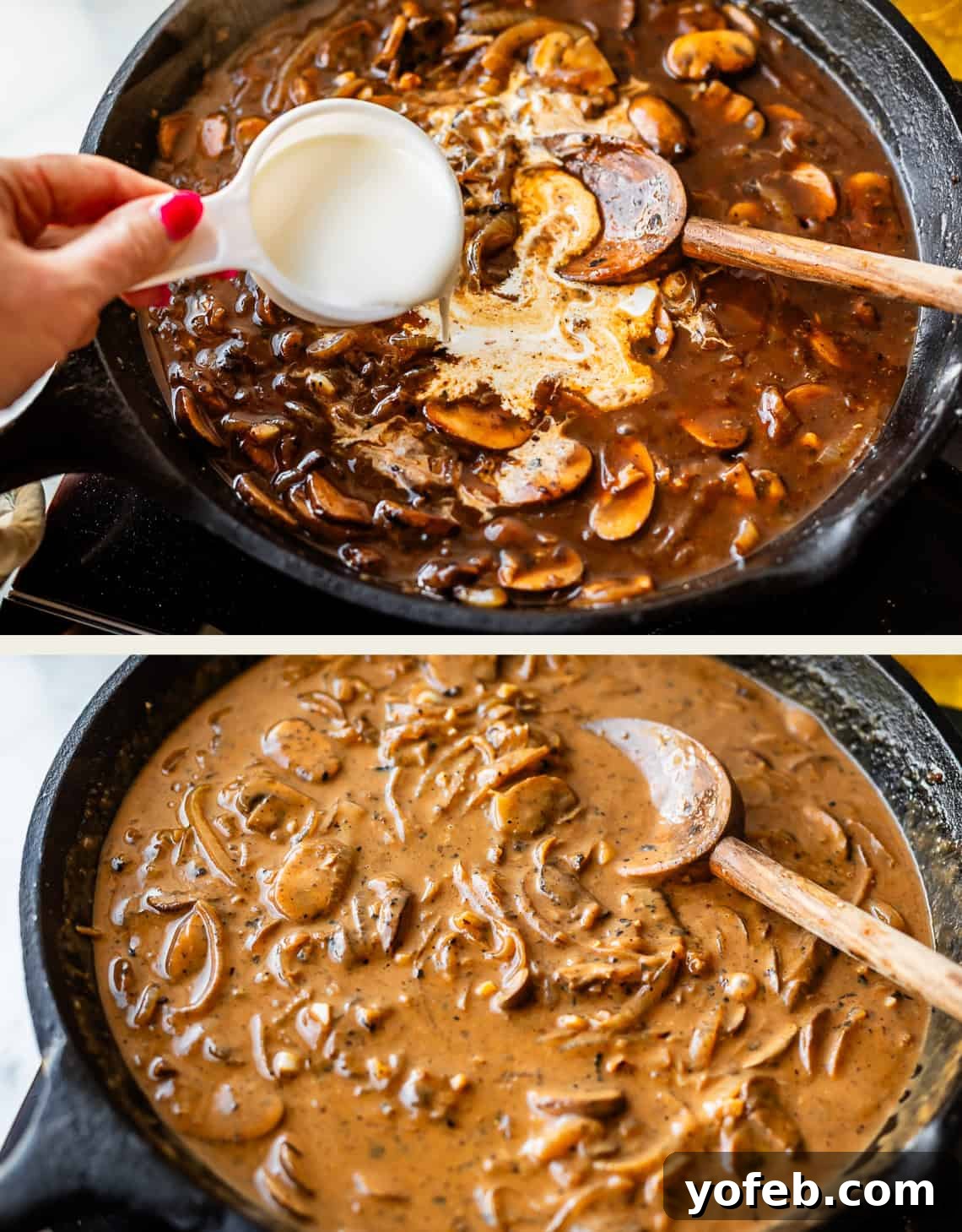 Tender Smothered Pork Chops 19 Two images: The top shows a hand pouring cream into a skillet of mushroom sauce being stirred with a wooden spoon. The bottom shows the finished creamy mushroom sauce thickened and well mixed in the same skillet.
