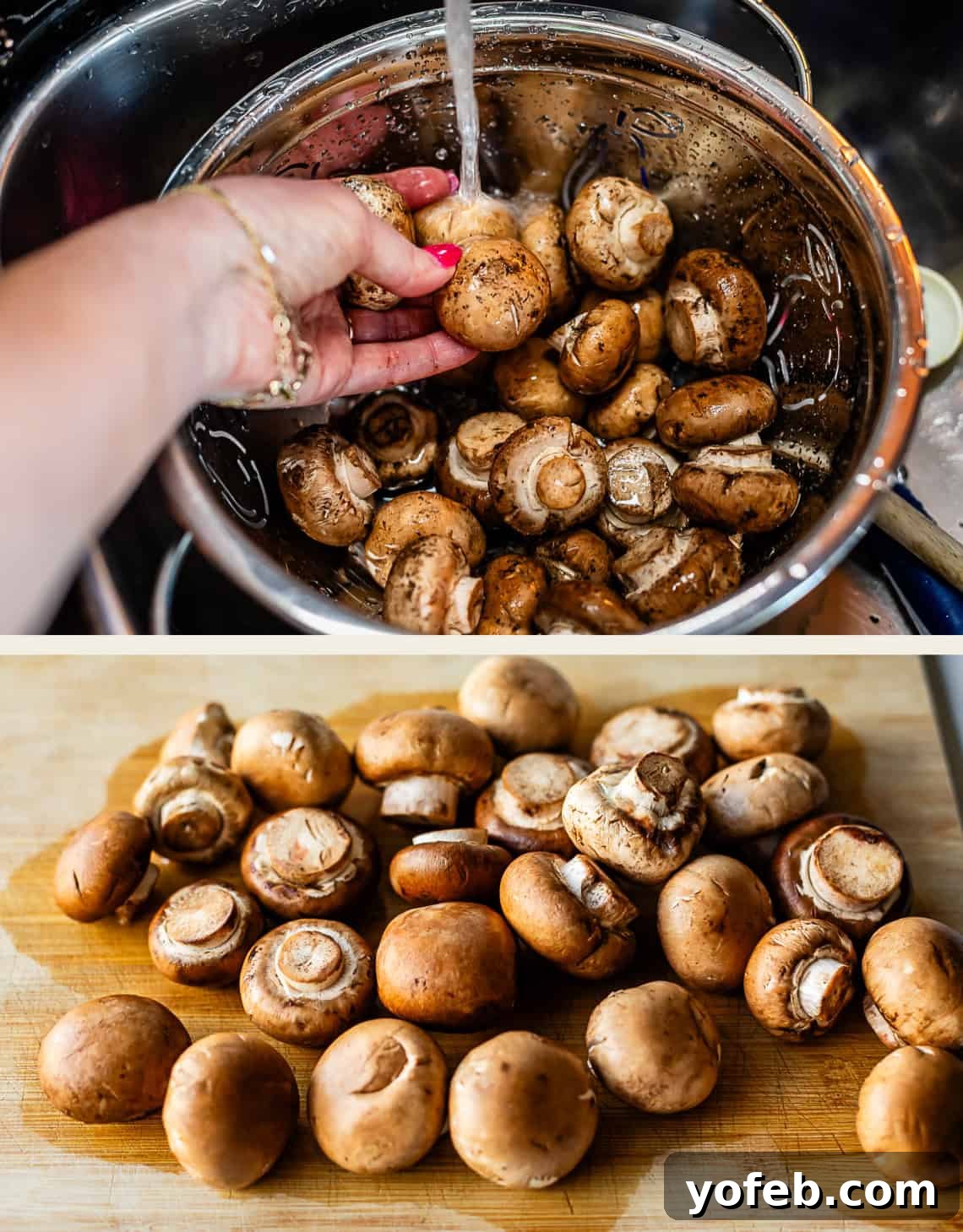Tender Smothered Pork Chops 7 A hand washes brown mushrooms in a colander under running water; below, cleaned mushrooms are spread out on a wooden cutting board.