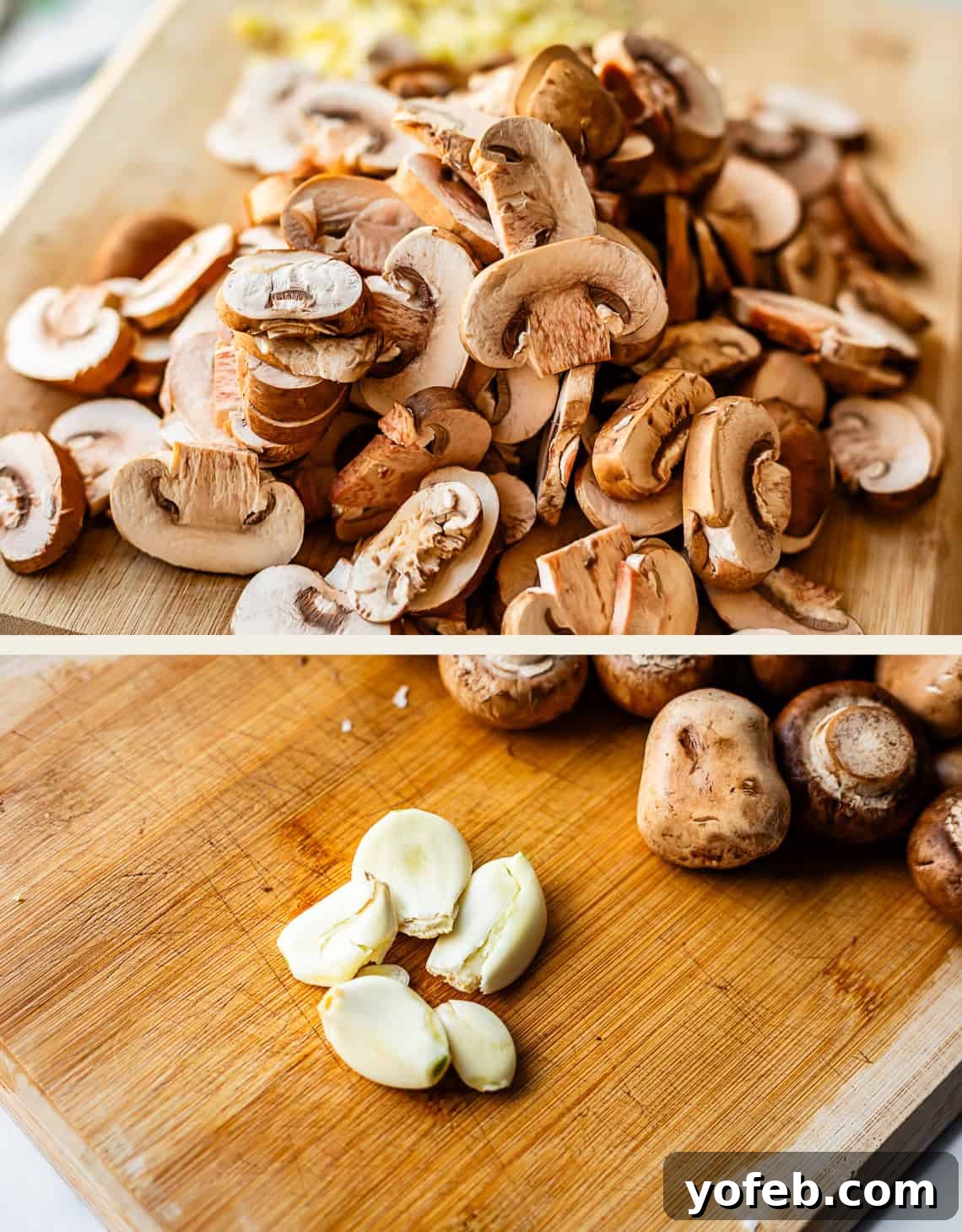 Tender Smothered Pork Chops 8 Two sections: Top shows a pile of sliced brown mushrooms on a wooden cutting board; bottom shows whole brown mushrooms and several peeled garlic cloves on another cutting board.