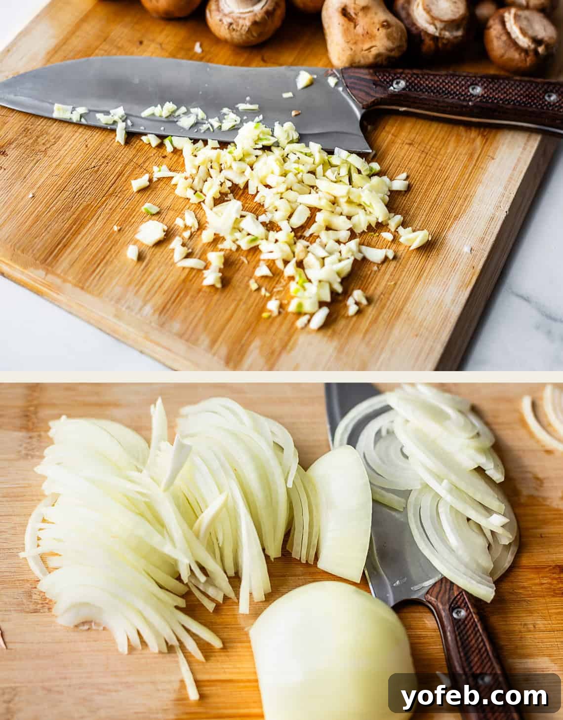 Tender Smothered Pork Chops 9 A collage showing chopped garlic and mushrooms on a cutting board with a knife in the top image, and sliced onions on a cutting board with a knife in the bottom image.