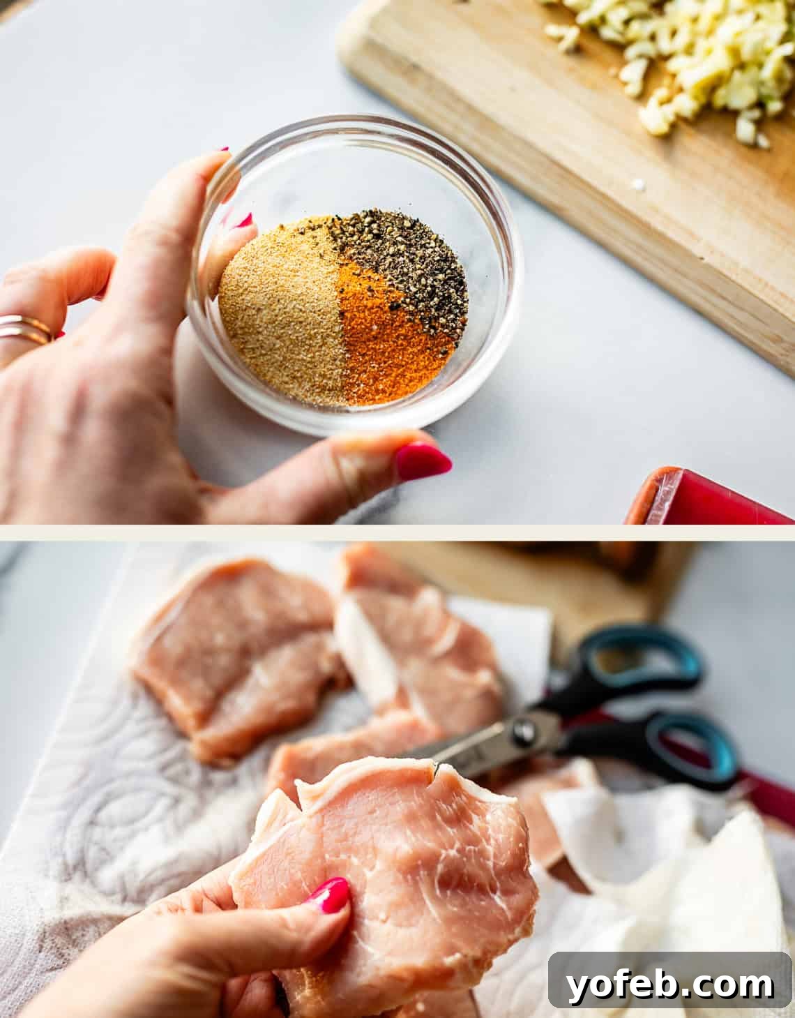 Tender Smothered Pork Chops 10 A hand holds a small bowl of mixed spices above a white counter, with chopped ingredients nearby; below, raw pork chops are held and prepared with scissors on a paper towel.
