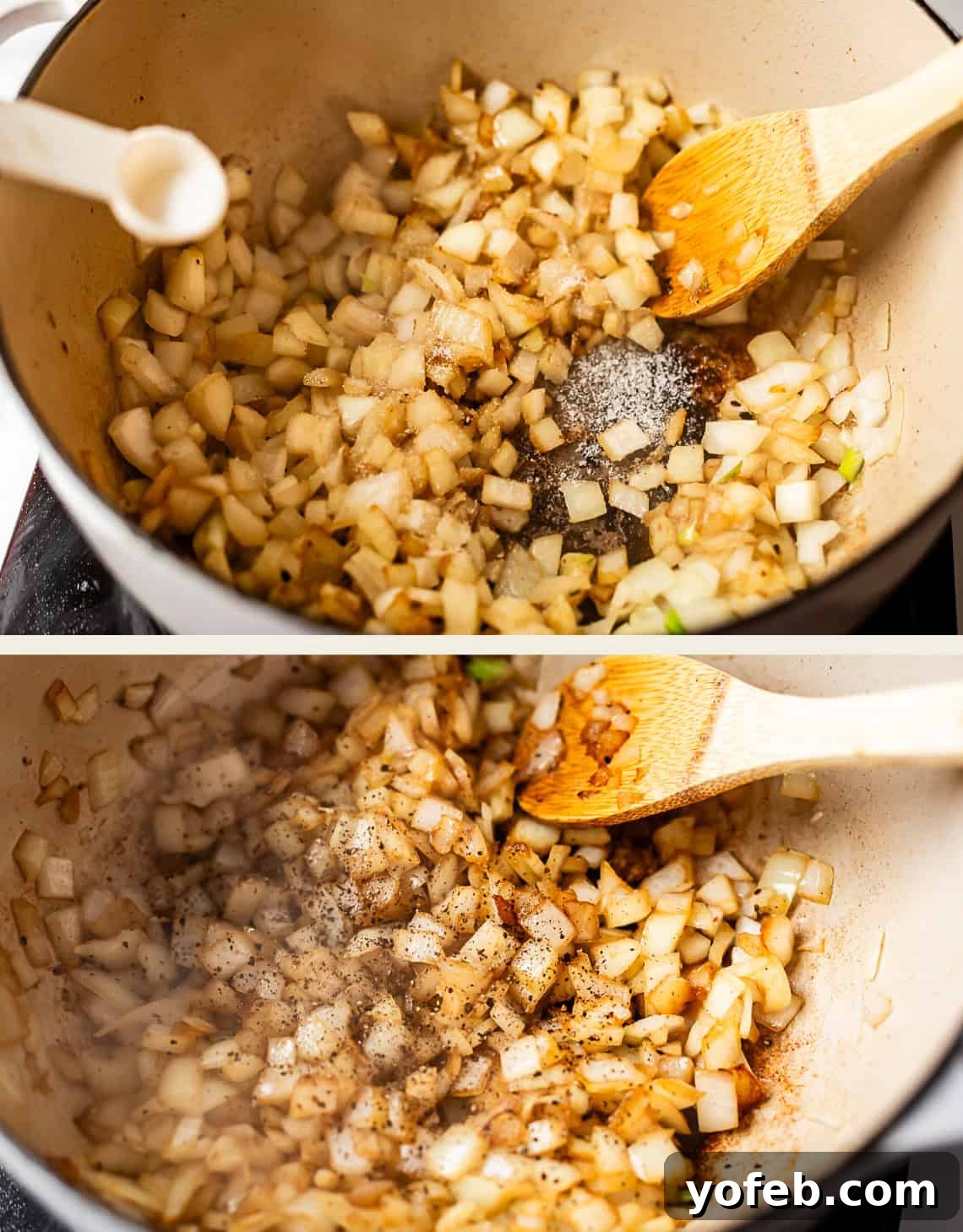 Hearty Irish Beef Stew 11 Two images show chopped onions being sautéed in a pot. A wooden spoon stirs the onions, and seasonings like salt and pepper are being added. The onions begin to soften and brown as they cook.