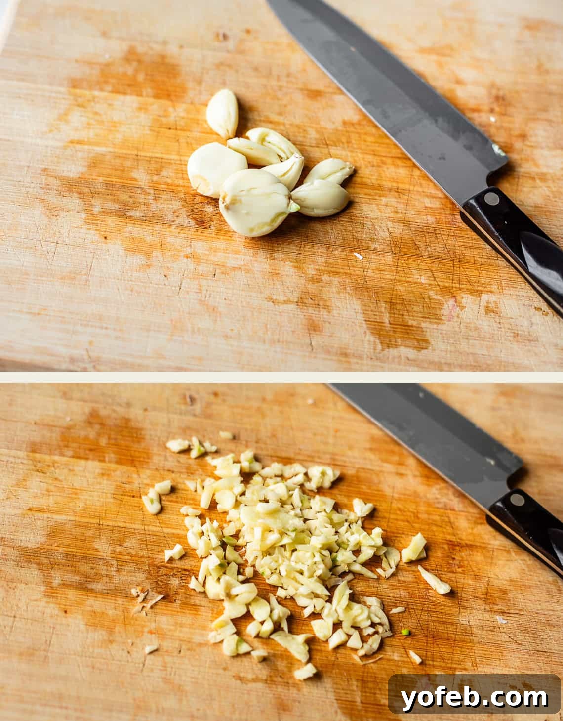 Hearty Irish Beef Stew 12 Two photos show a black knife on a wooden cutting board: the top image has several peeled garlic cloves, and the bottom image shows the same garlic chopped into small pieces.