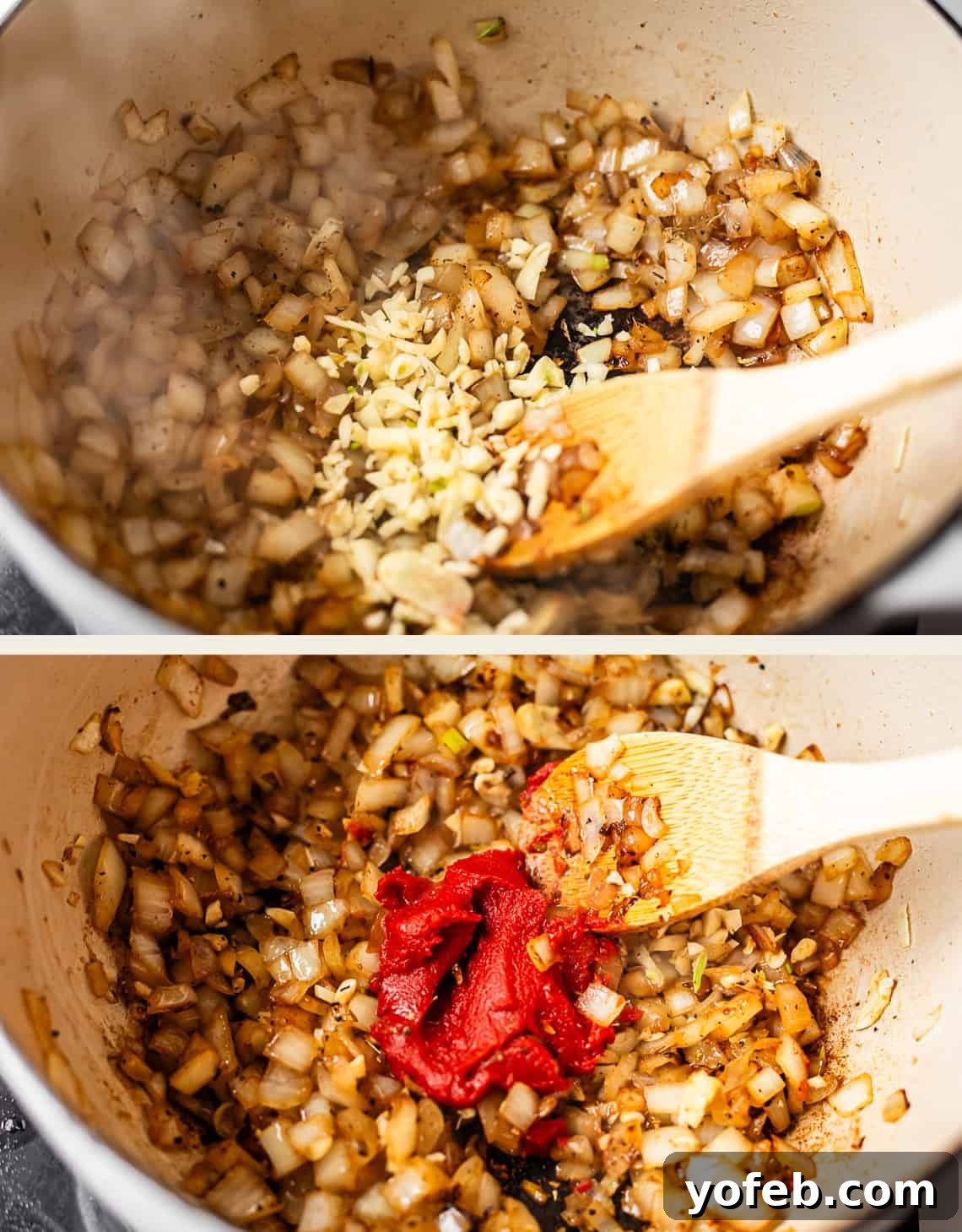 Hearty Irish Beef Stew 13 Two images: Top, diced onions sautéing in a pot with chopped garlic being added, stirred with a wooden spoon. Bottom, the same pot with tomato paste added and mixed with the onions and garlic.
