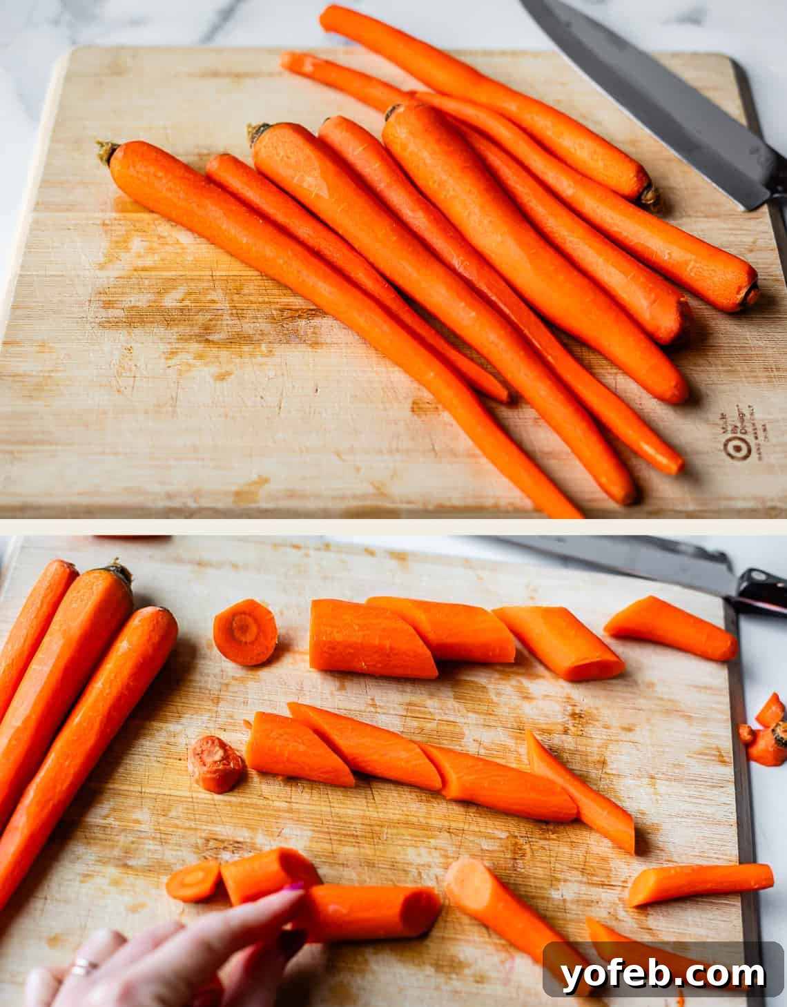 Hearty Irish Beef Stew 14 Two photos show several whole carrots on a wooden cutting board with a knife, and below, the carrots being cut into large pieces on the same board. A hand is holding a carrot piece in the lower image.