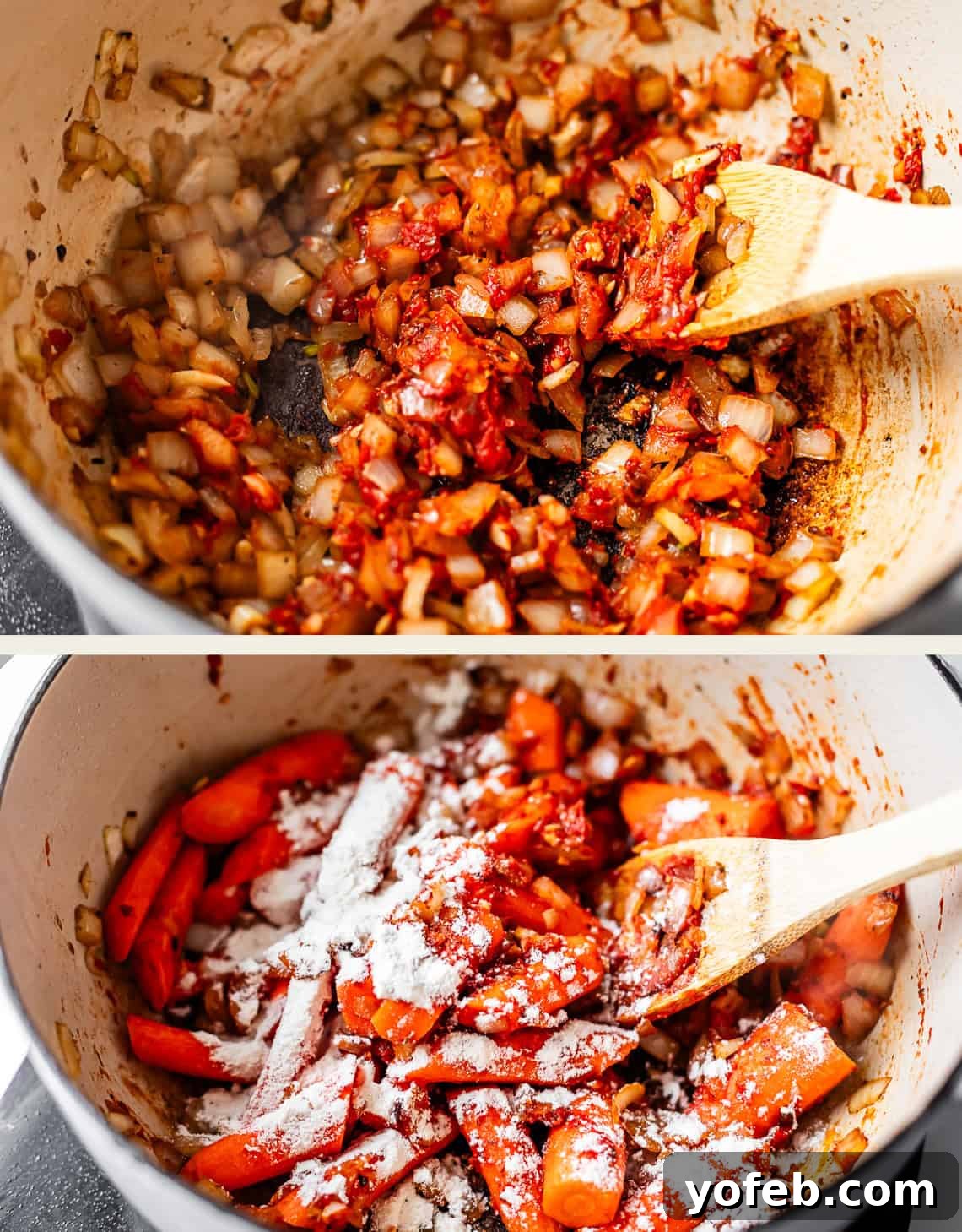 Hearty Irish Beef Stew 15 Two images of a pot: the top shows chopped onions and tomato paste being sautéed with a wooden spoon; the bottom shows chopped carrots and flour added to the mixture, ready to be stirred.
