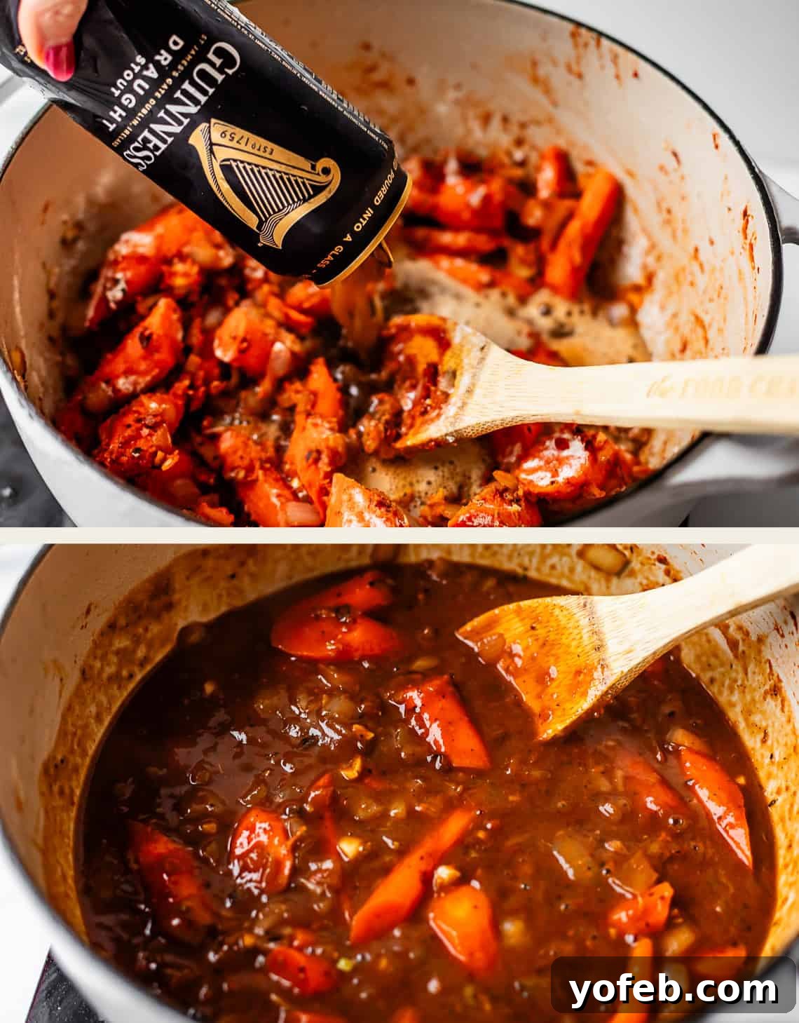 Hearty Irish Beef Stew 16 Two photos: The top shows a hand pouring Guinness beer into a pot of chopped tomatoes and carrots being stirred with a wooden spoon; the bottom shows the mixture simmering into a rich, dark stew.