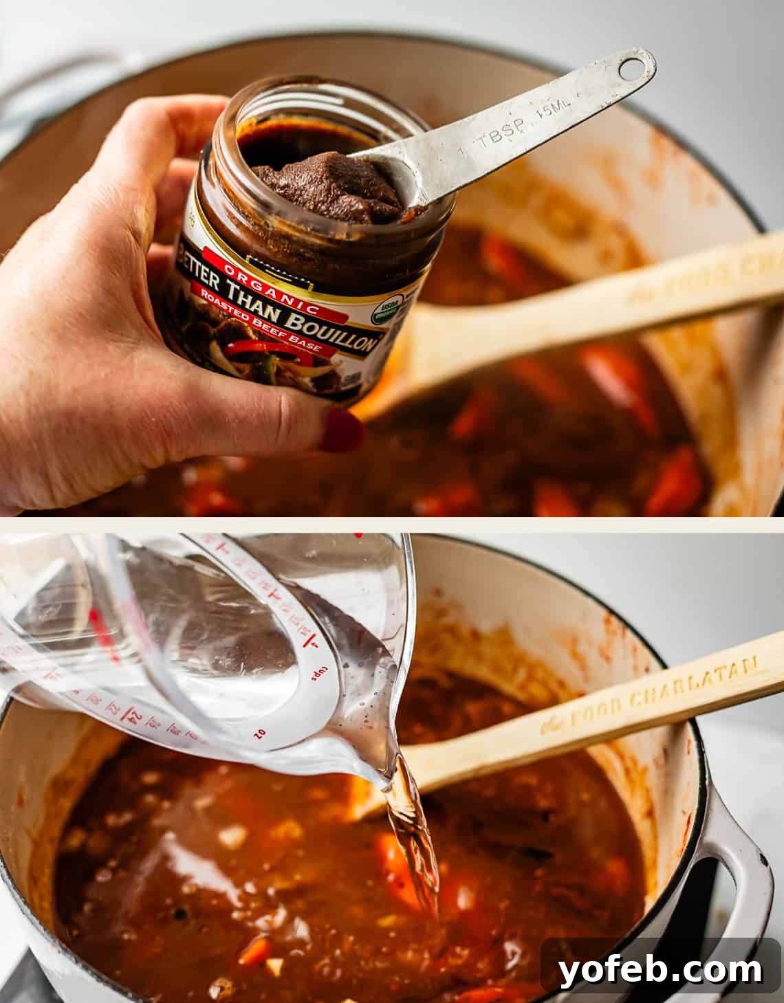 Hearty Irish Beef Stew 17 A hand scoops beef base from a jar into a pot of stew with carrots; in the next image, broth is poured from a measuring cup into the same pot, with a wooden spoon resting on the edge.