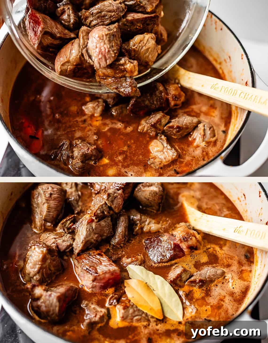 Hearty Irish Beef Stew 18 Top: Cooked beef chunks are being poured from a bowl into a pot of stew with a wooden spoon. Bottom: Beef stews in a rich broth with two bay leaves floating on top, wooden spoon in the pot.