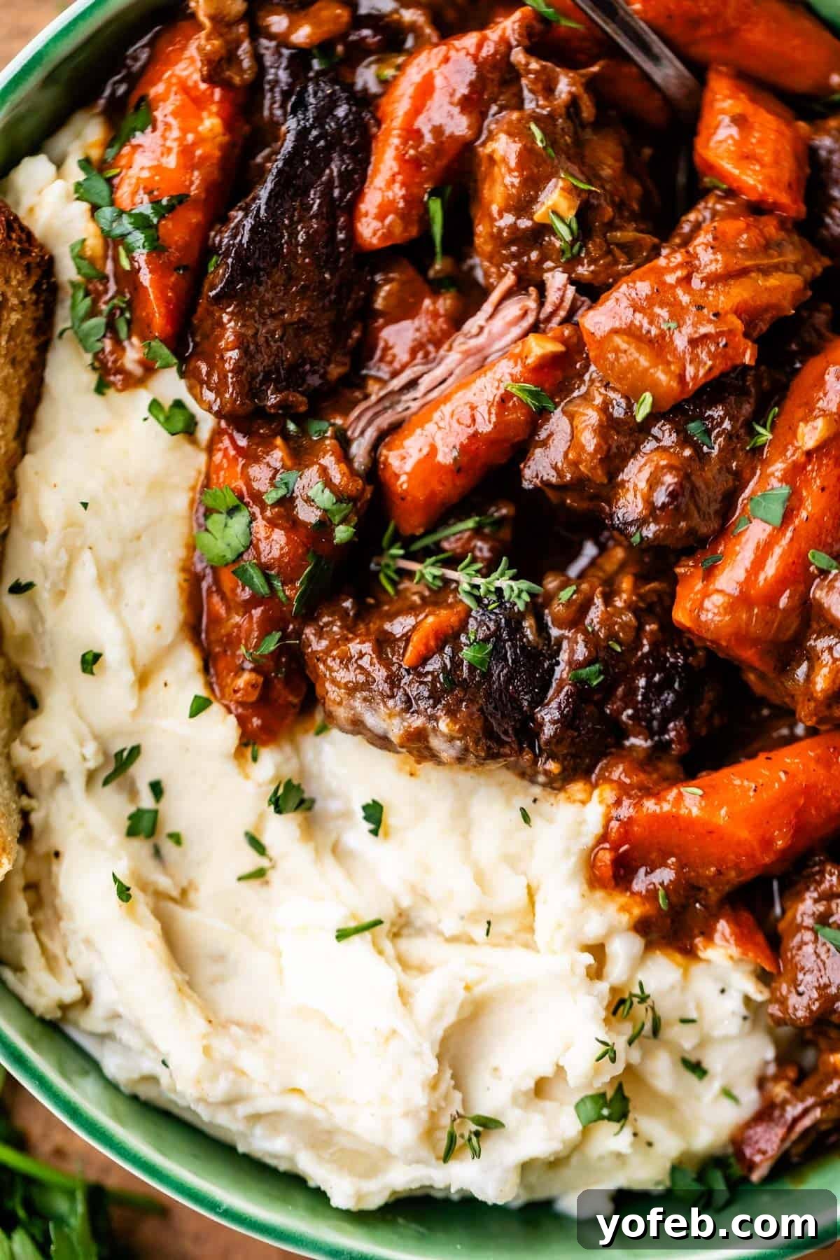 Hearty Irish Beef Stew 21 Close-up of a plate with creamy mashed potatoes topped with tender beef, carrots, and rich brown gravy, garnished with chopped fresh herbs.