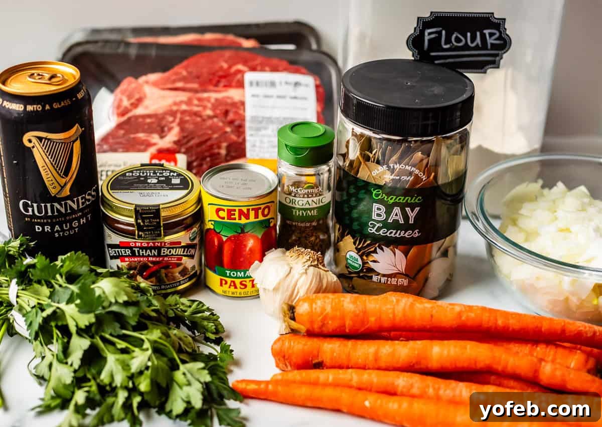 Hearty Irish Beef Stew 6 A variety of beef stew ingredients on a counter, including carrots, parsley, garlic, onion, thyme, bay leaves, tomato paste, beef bouillon, flour, a can of Guinness, and a package of beef chuck roast.