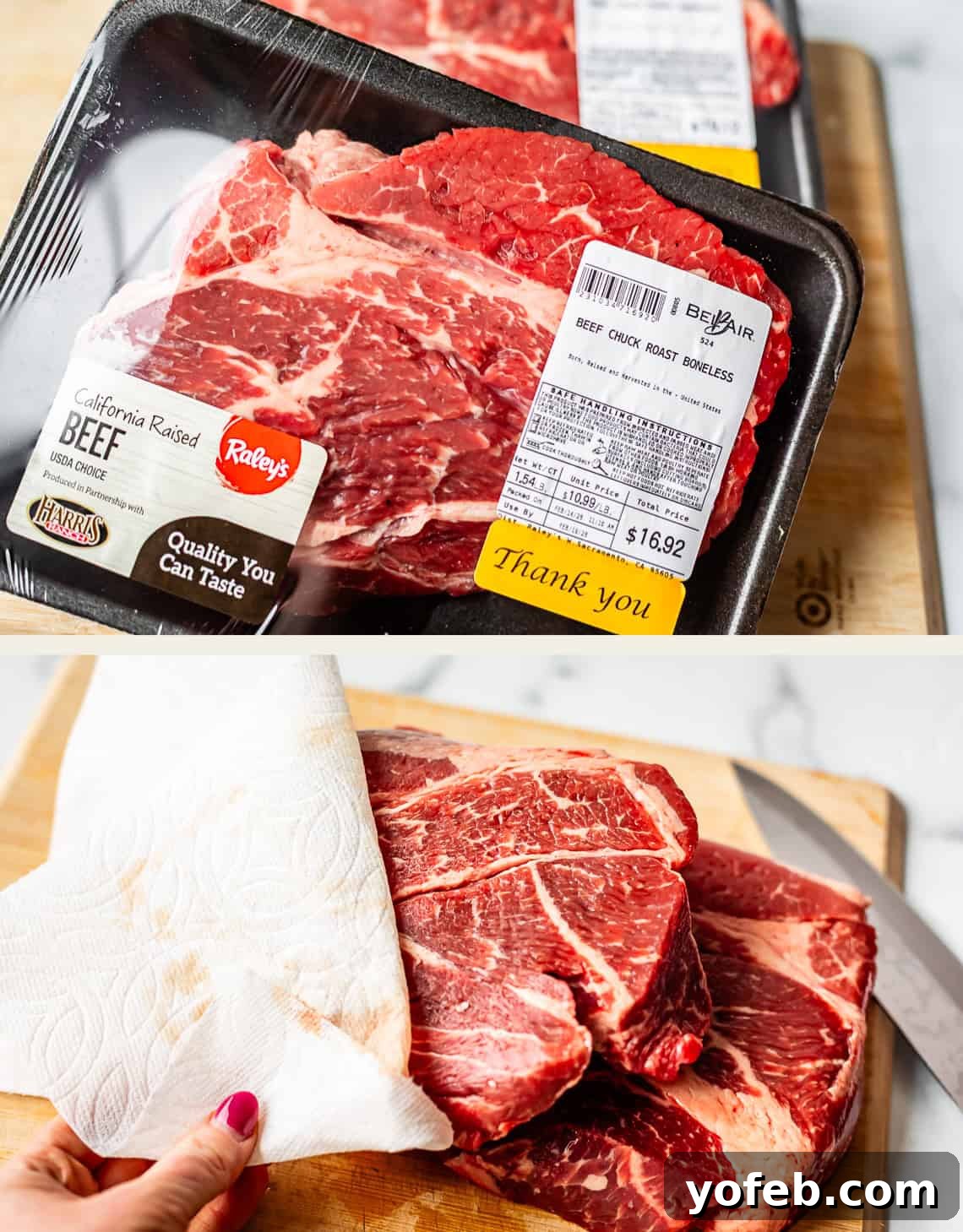 Hearty Irish Beef Stew 7 Two images: Top shows packaged beef chuck roast with a price label. Bottom shows a hand using a paper towel to pat dry the unwrapped beef on a cutting board.