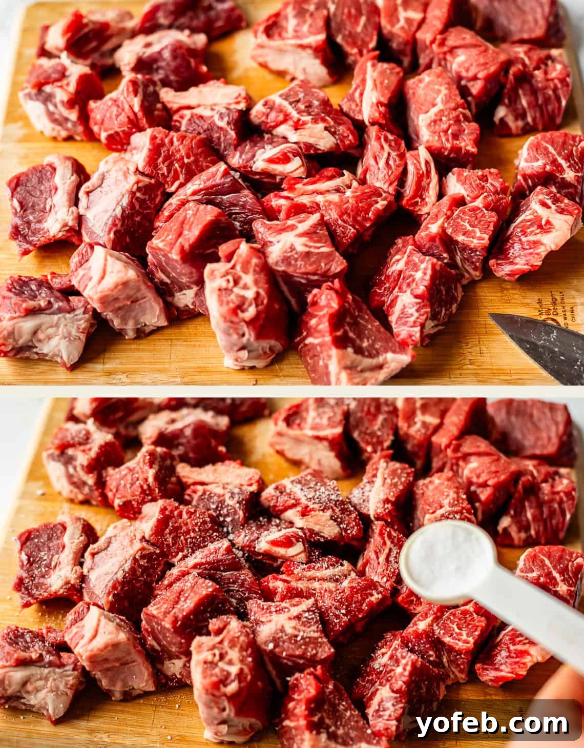 Hearty Irish Beef Stew 8 Two images: The top shows raw beef chunks on a wooden cutting board. The bottom shows the same beef pieces being sprinkled with salt from a white measuring spoon. A knife is partially visible next to the board.