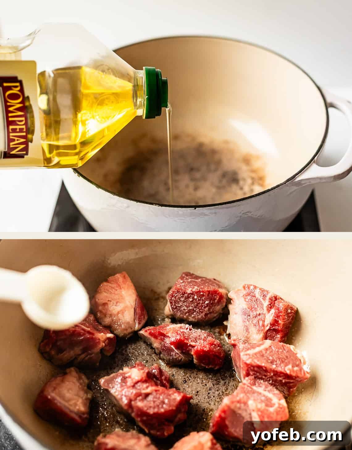Hearty Irish Beef Stew 9 Two images: The top shows olive oil being poured into a large white pot on a stove. The bottom shows pieces of raw beef being browned in the same pot, with a spoon visible on the left.