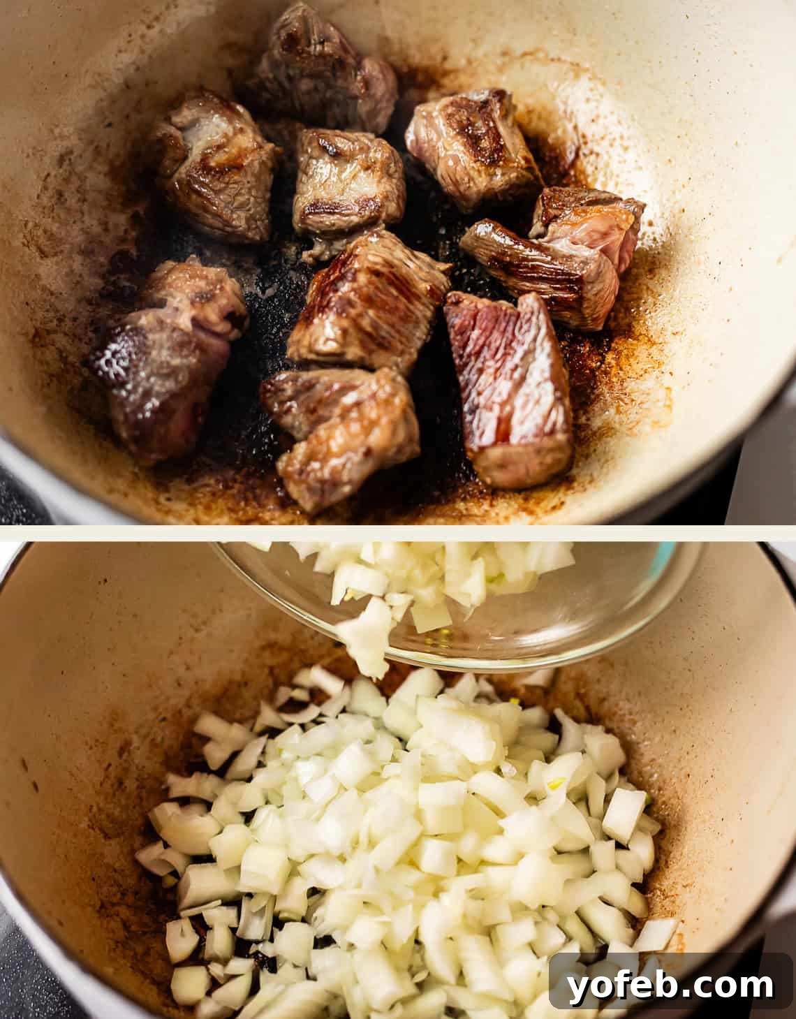 Hearty Irish Beef Stew 10 Two images: The top shows chunks of beef browning in a pot; the bottom shows chopped onions being added to the same pot.