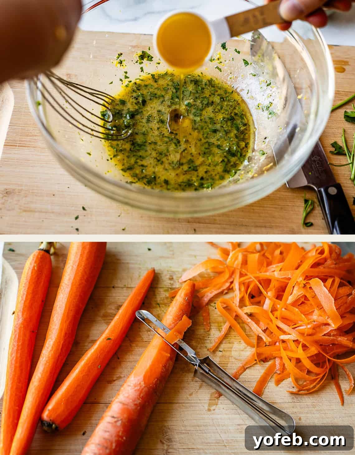 Parisian Carrot Salad 11 Top: A hand pours yellow liquid from a measuring spoon into a bowl with whisked herbs and oil. Bottom: Peeled carrots and a vegetable peeler rest on a cutting board alongside a pile of carrot peels.