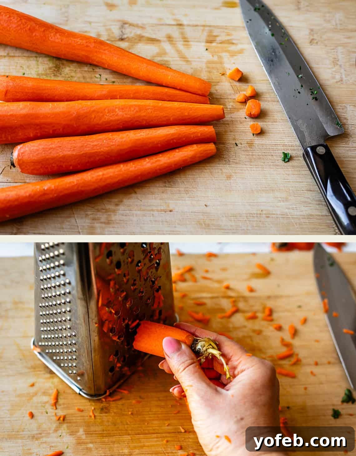 Parisian Carrot Salad 12 Two images: The top shows whole carrots and a knife on a wooden cutting board. The bottom shows a hand grating a carrot against a metal box grater, with carrot pieces scattered around.